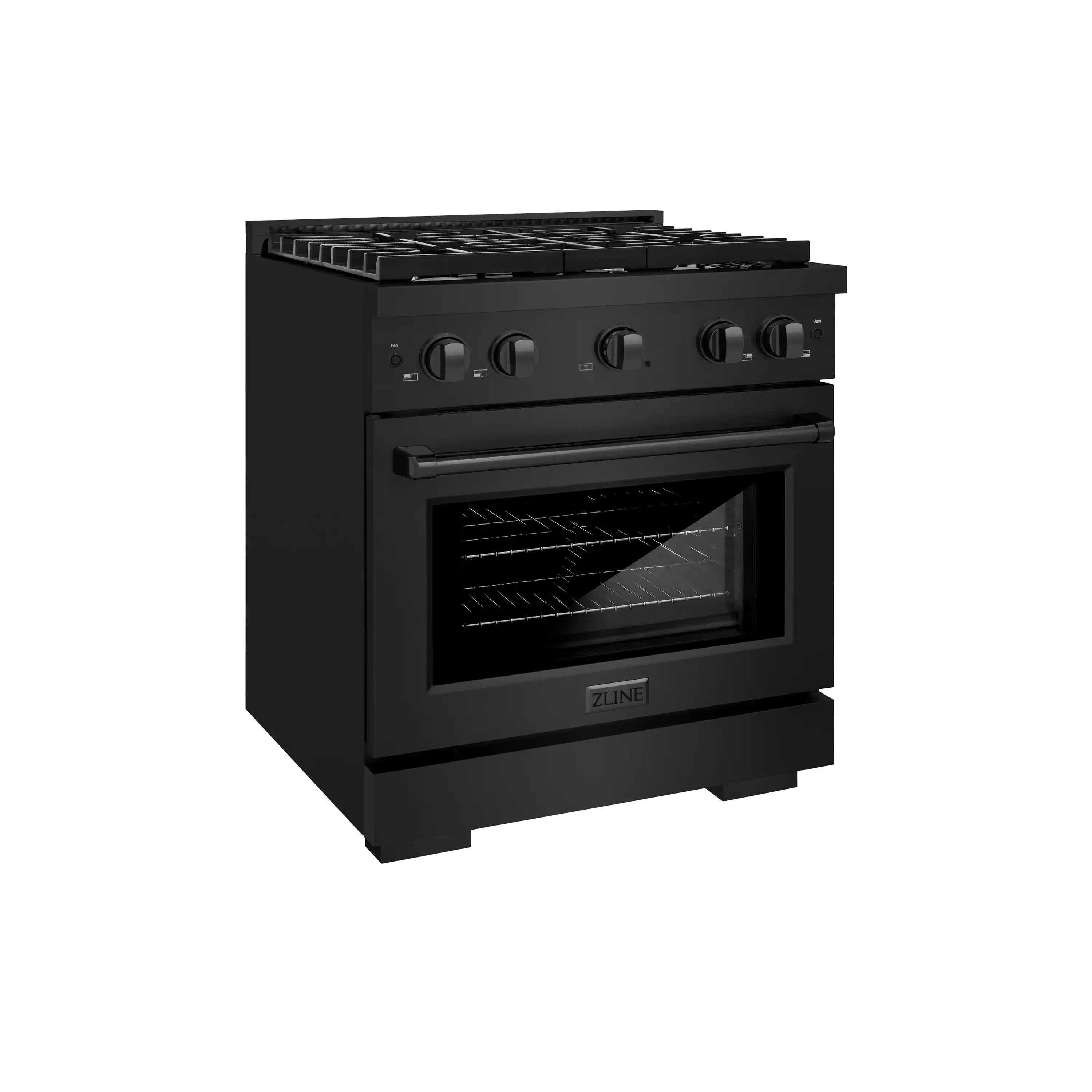 Black gas range with oven door and control knobs in angled view