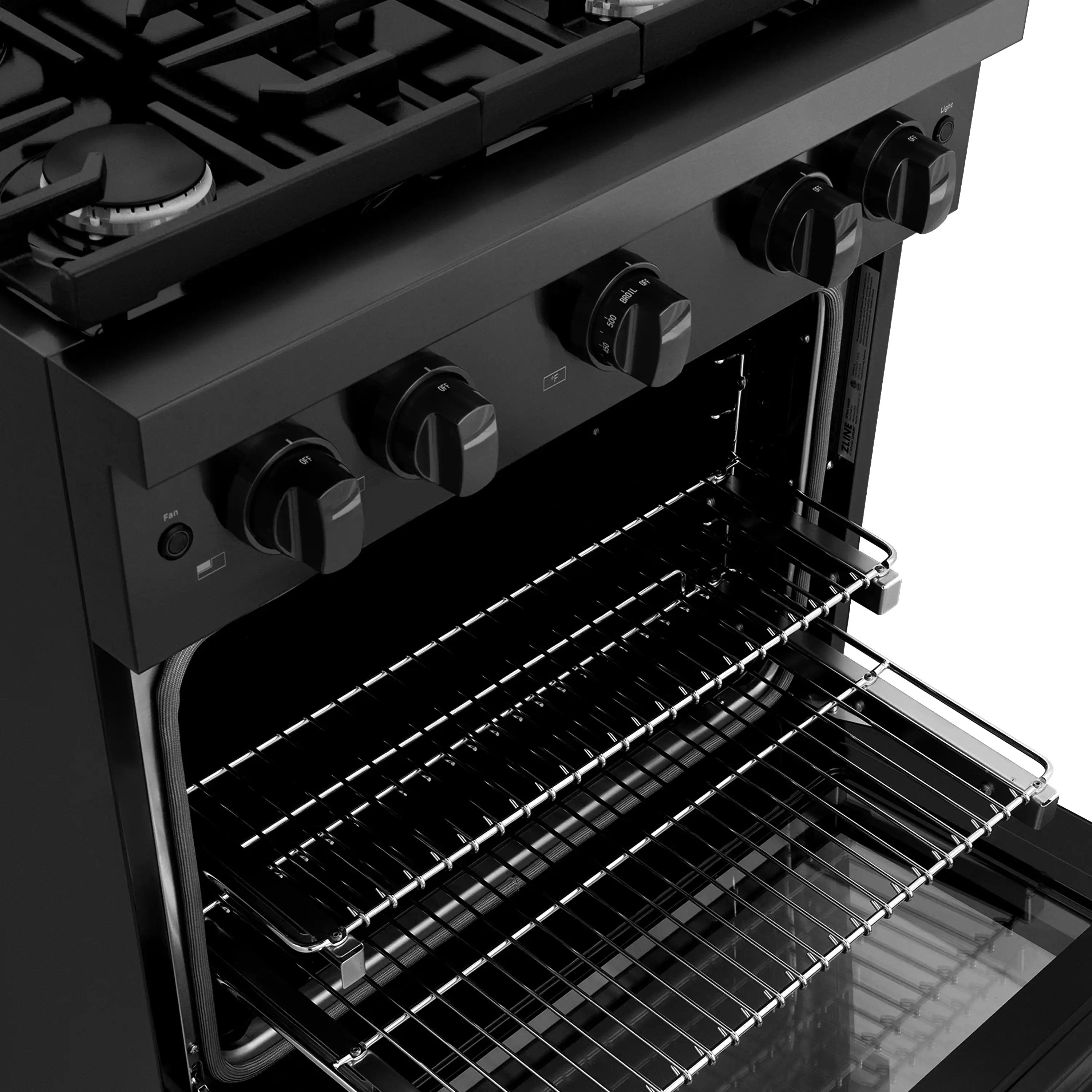Black stainless gas range oven with wire racks and open oven door