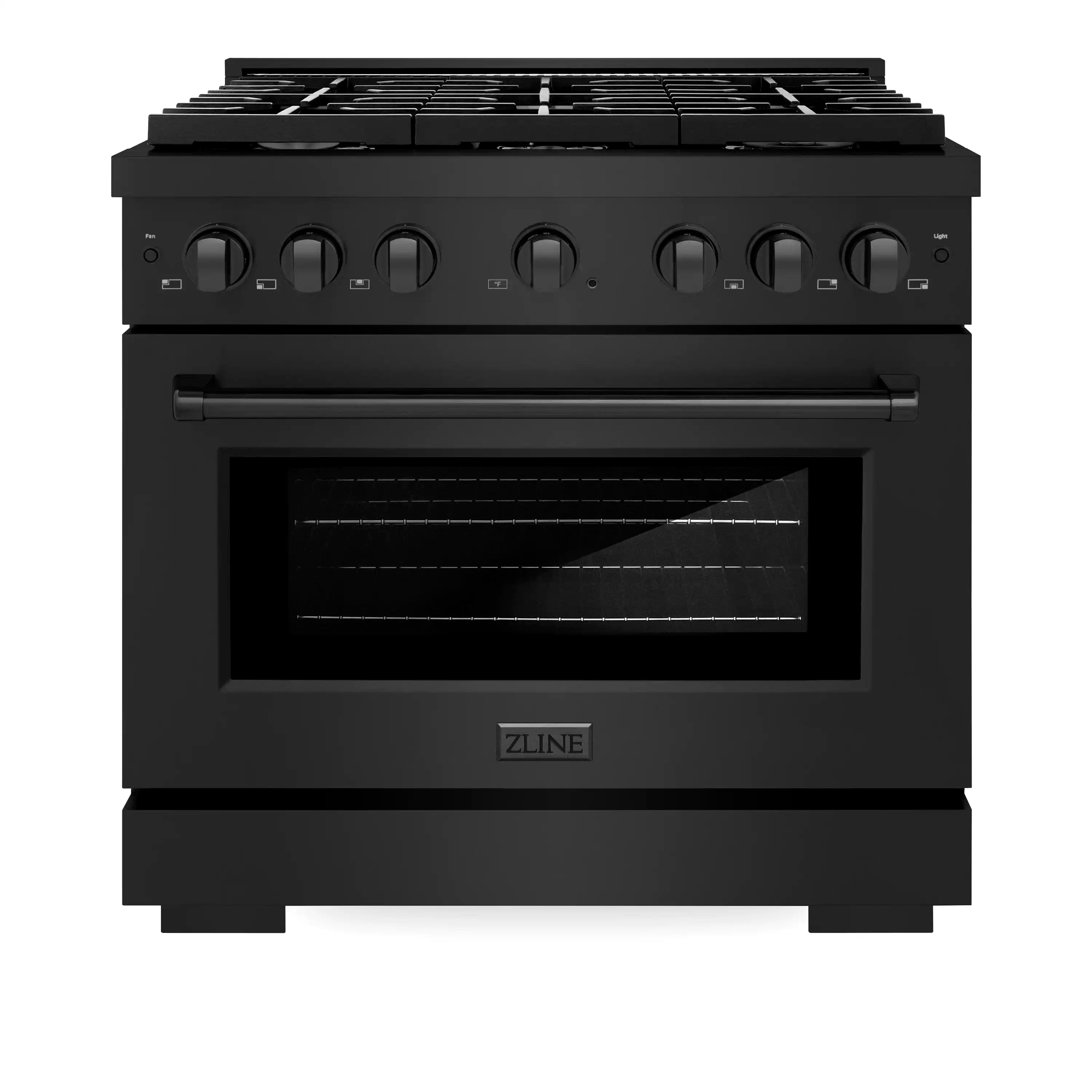 Black gas range with six burner knobs and glass oven door