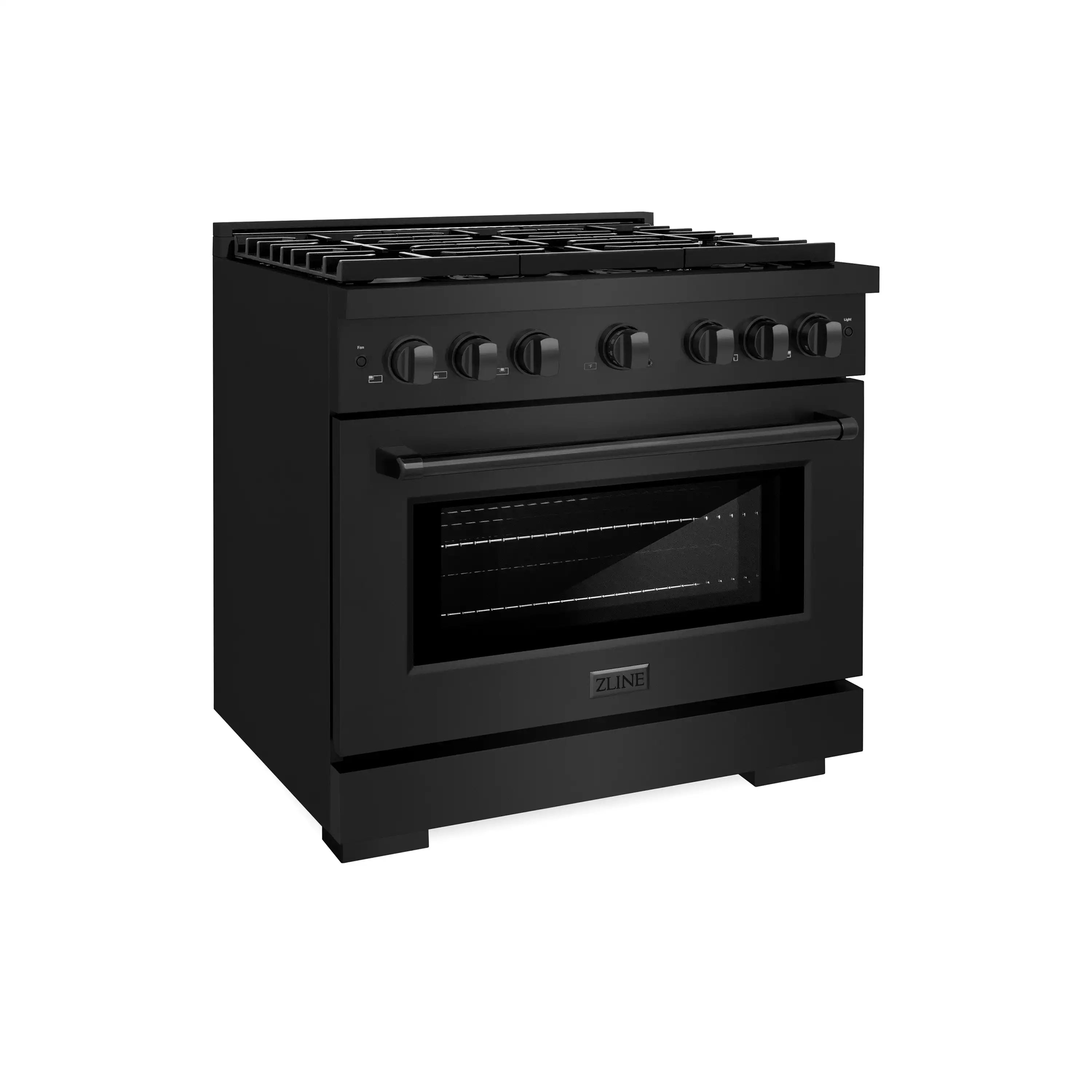 Black gas range 3/4 view with control panel and cooktop grates