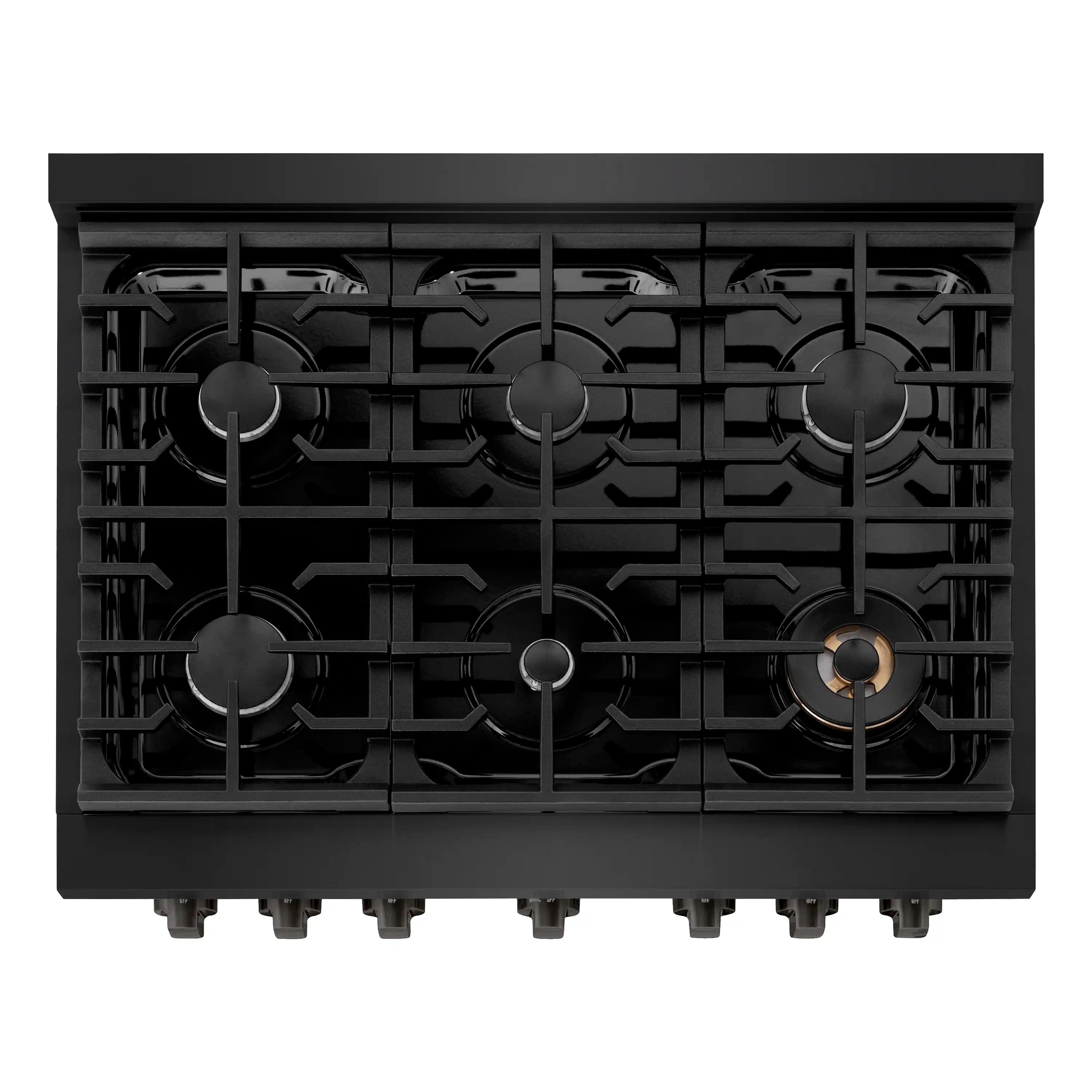Black gas cooktop with six burners, cast grates, and knobs