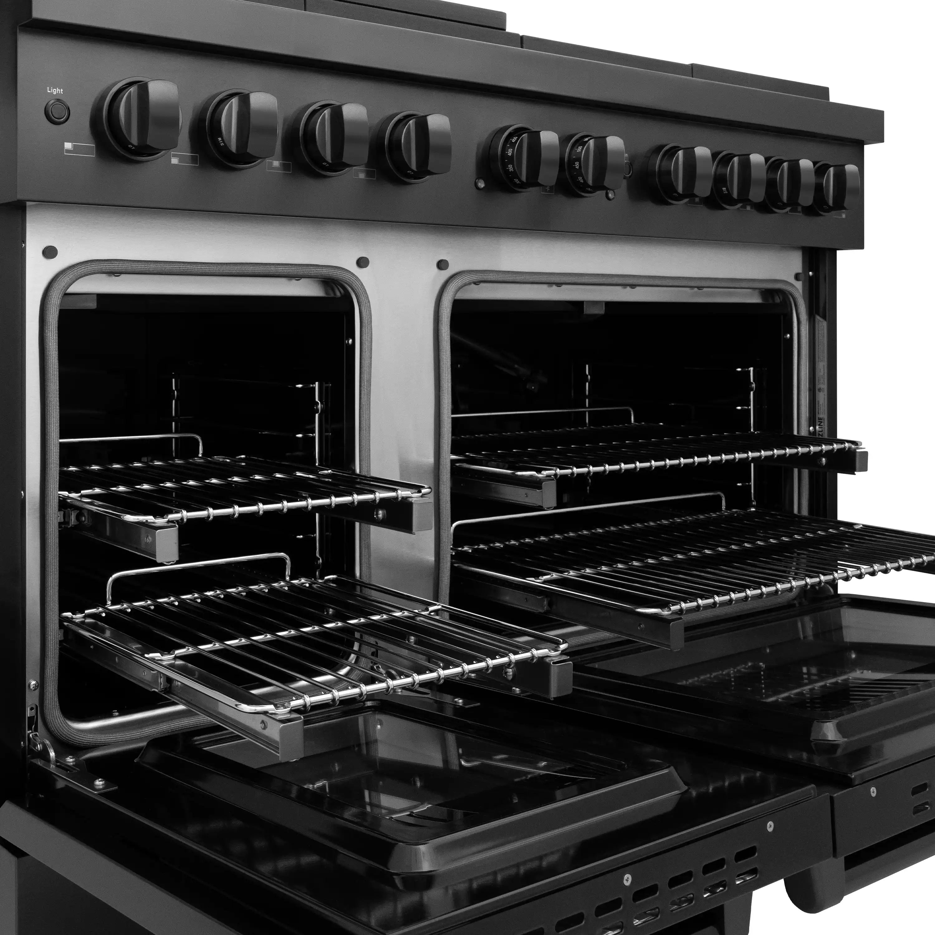 Black stainless steel gas range with open ovens and removable racks