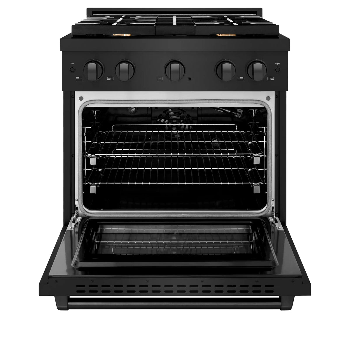 Black stainless gas oven with door open, wire rack and baking cavity view