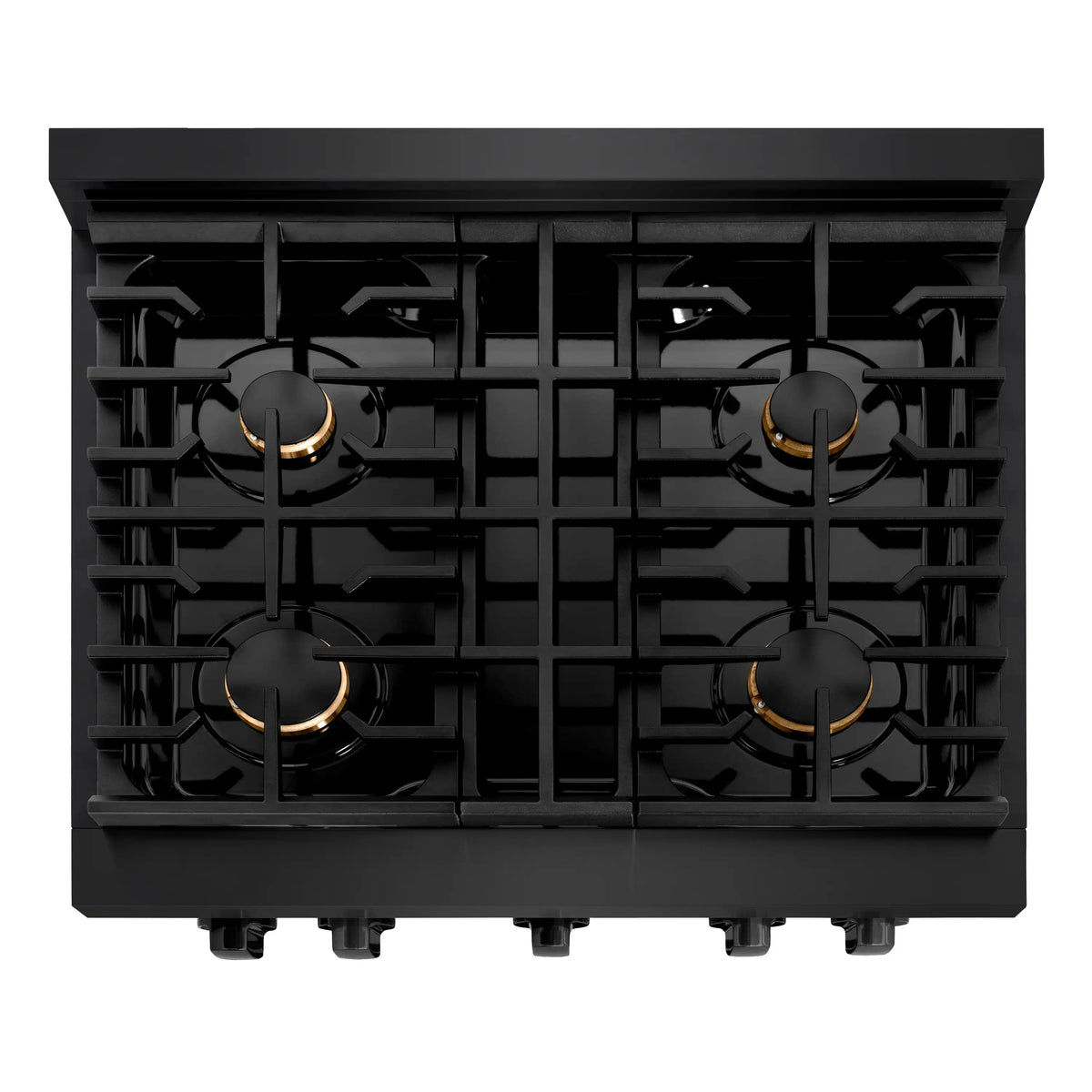 Black cooktop with four burners and brass burner caps, top view