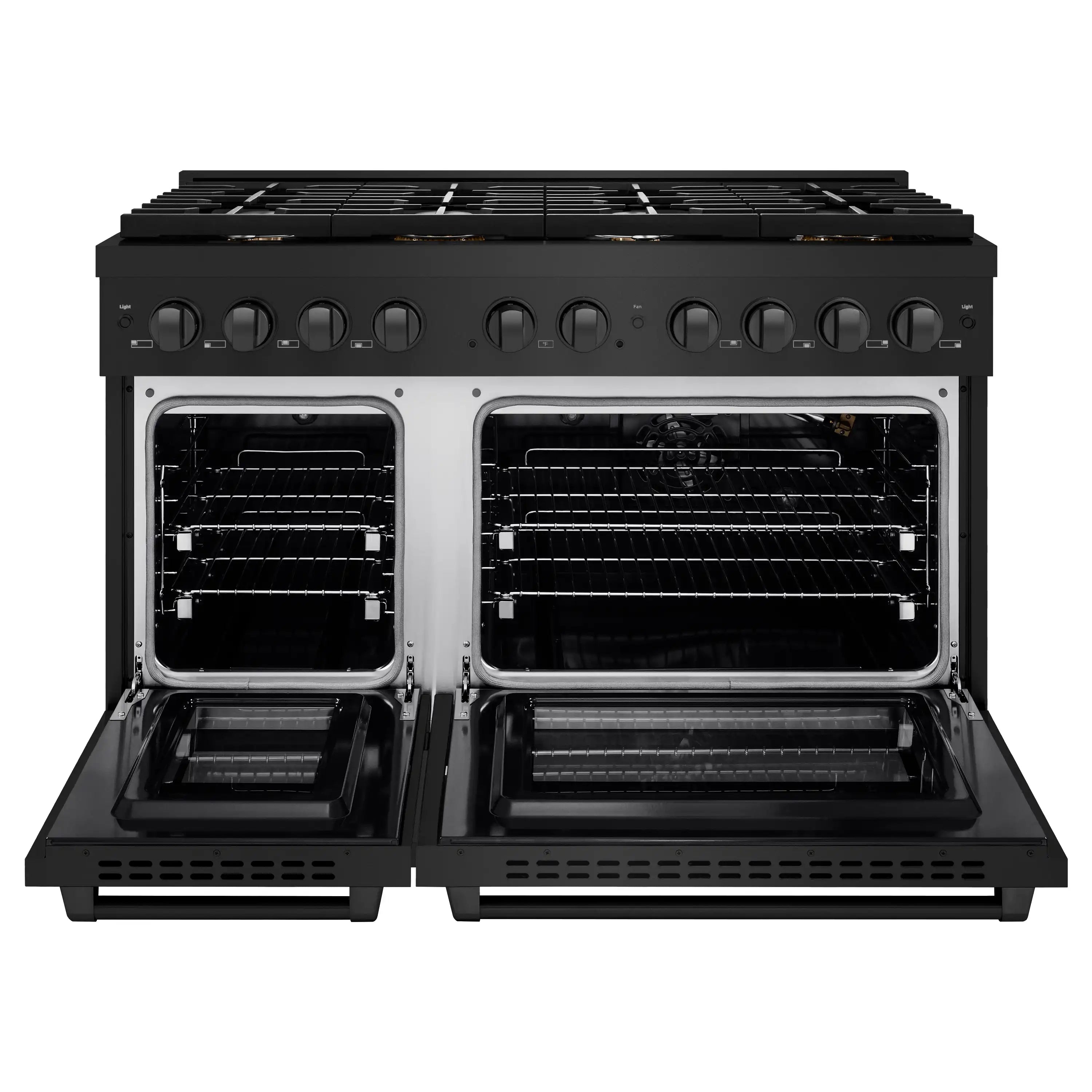 Black double gas oven range with two open oven cavities and wire racks