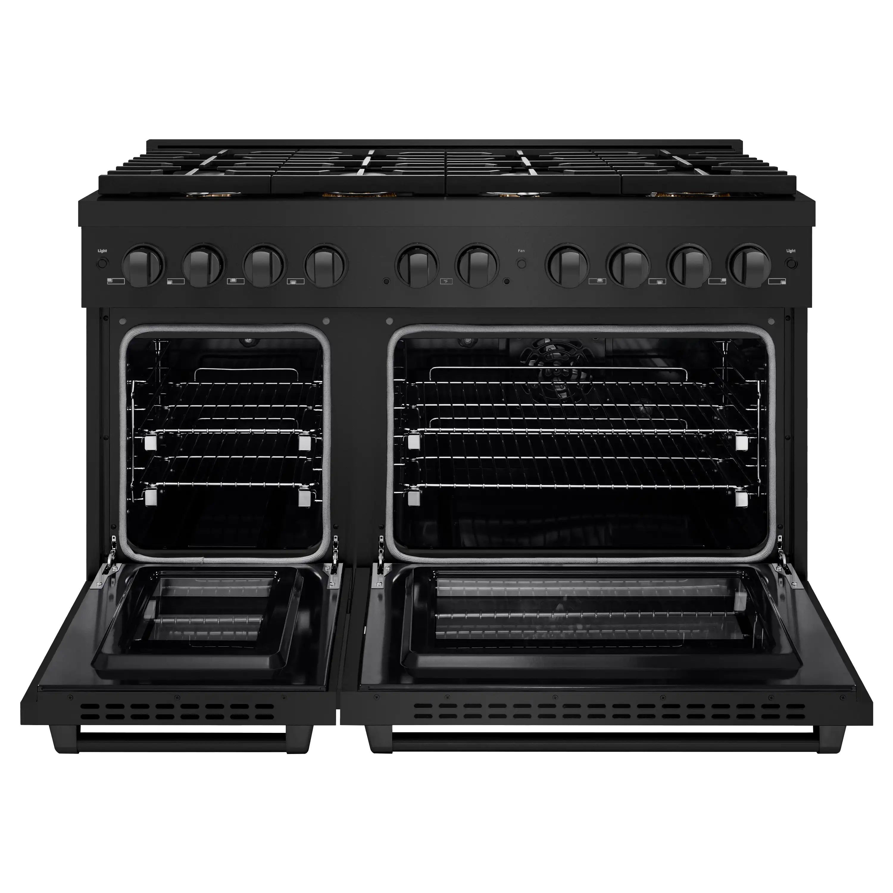 Open double oven doors of black stainless steel dual fuel range with oven racks