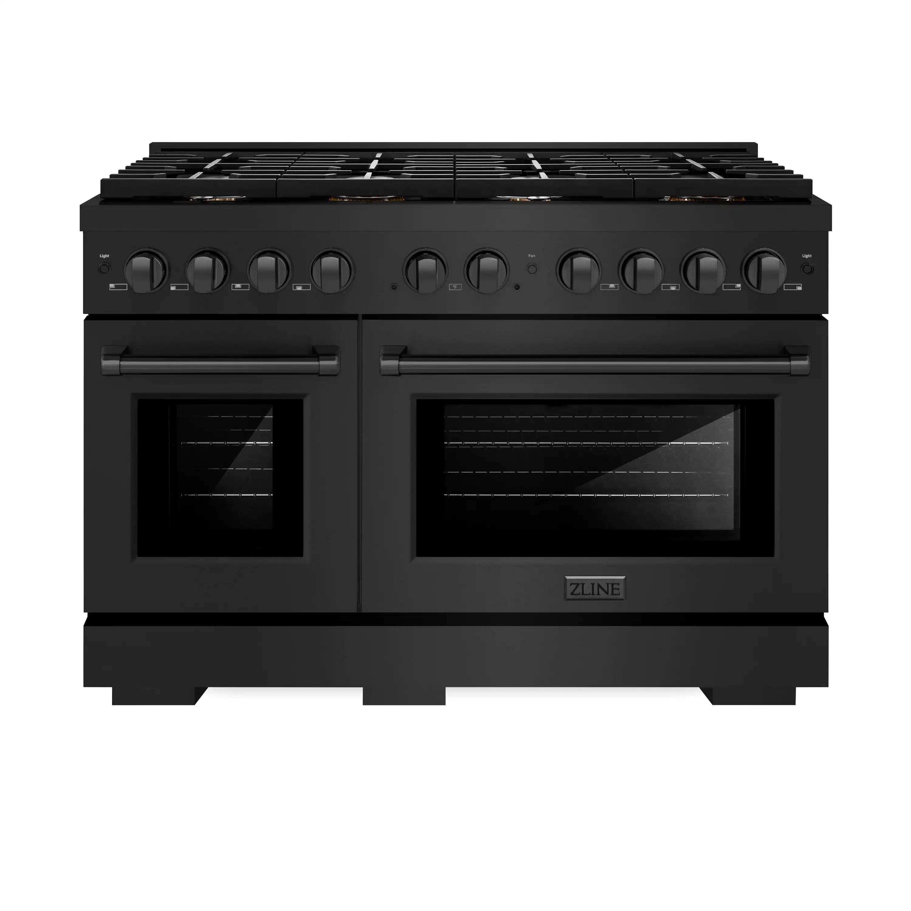 Black gas double-oven range with brass burner grates and control knobs