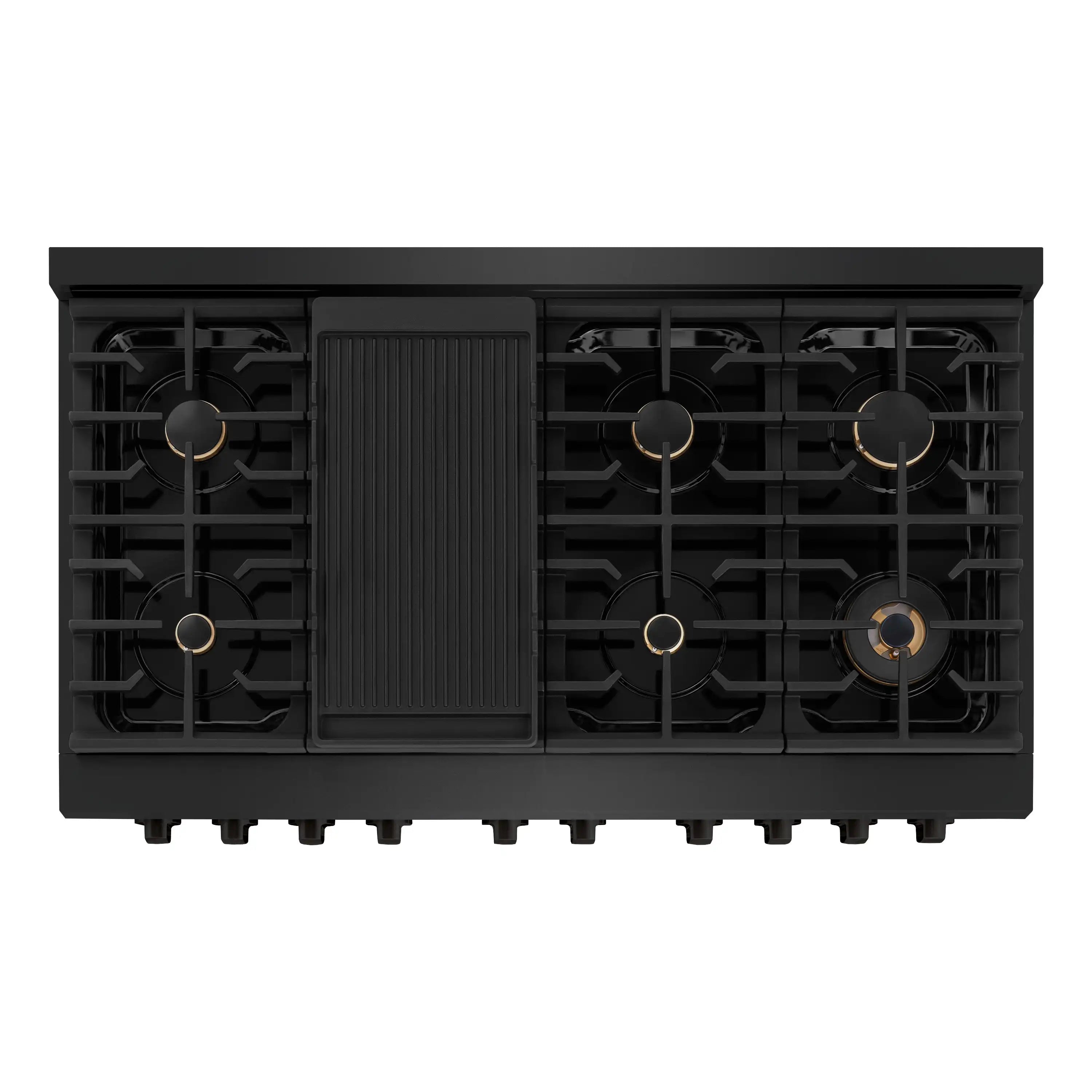 Black gas cooktop with multiple round burners and removable center grates