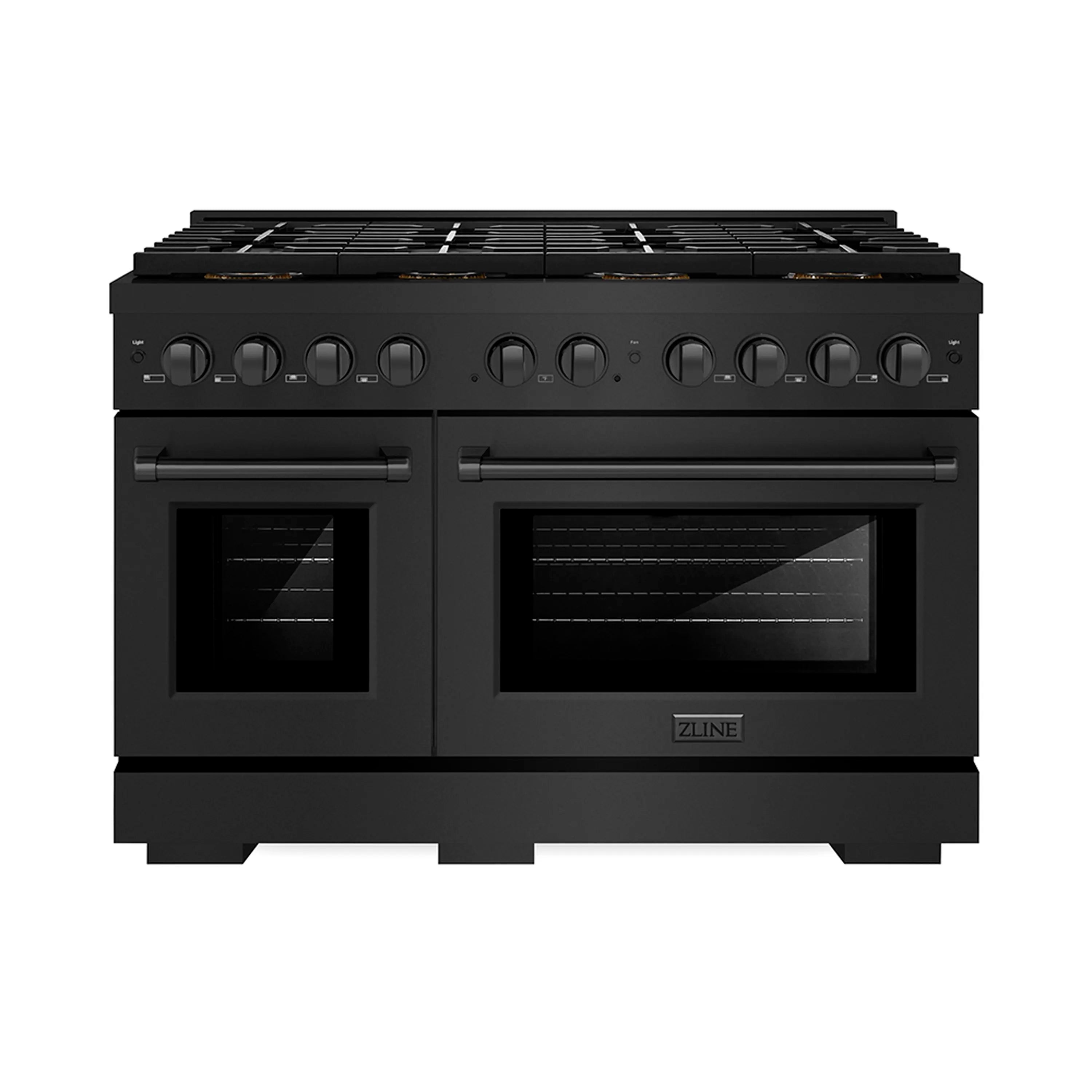 Black stainless gas range with dual ovens and eight-burner cooktop, front view.