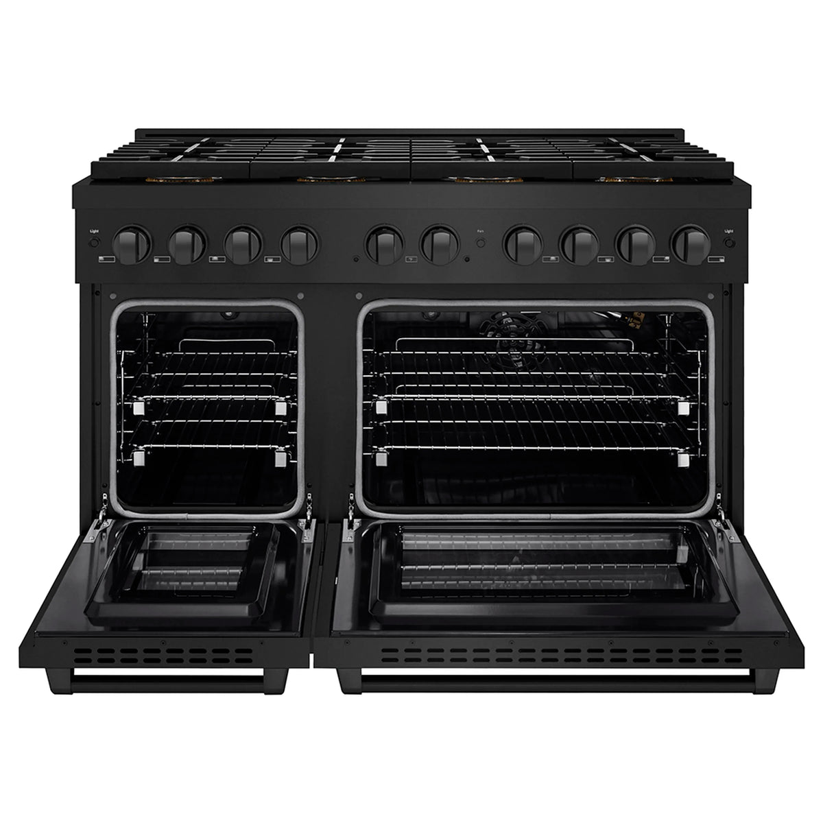 Black stainless gas range with both ovens open and eight-burner cooktop, top view.