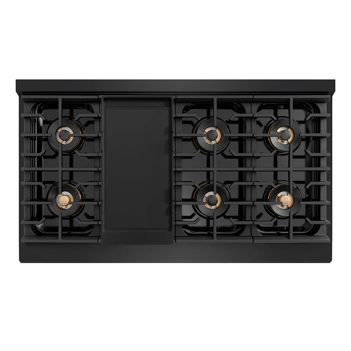 Black gas cooktop with burners and removable center griddle section, overhead view.