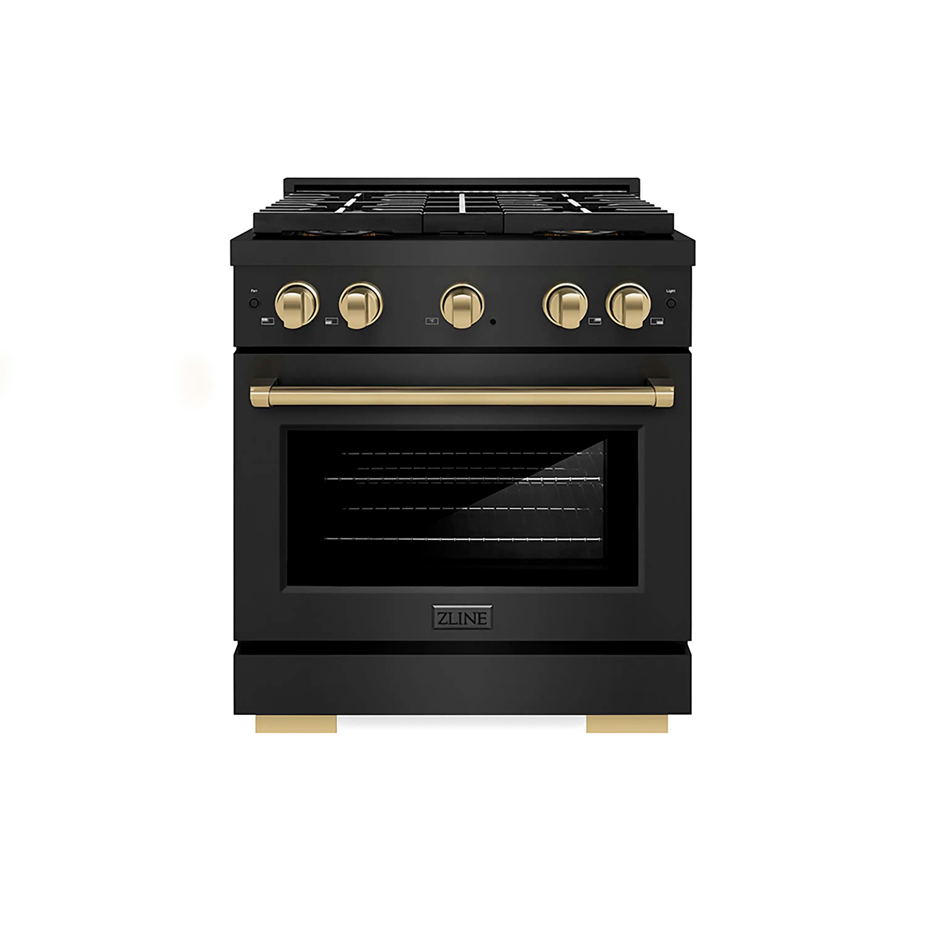 Gas range front with oven window and four control knobs with gold accent rings