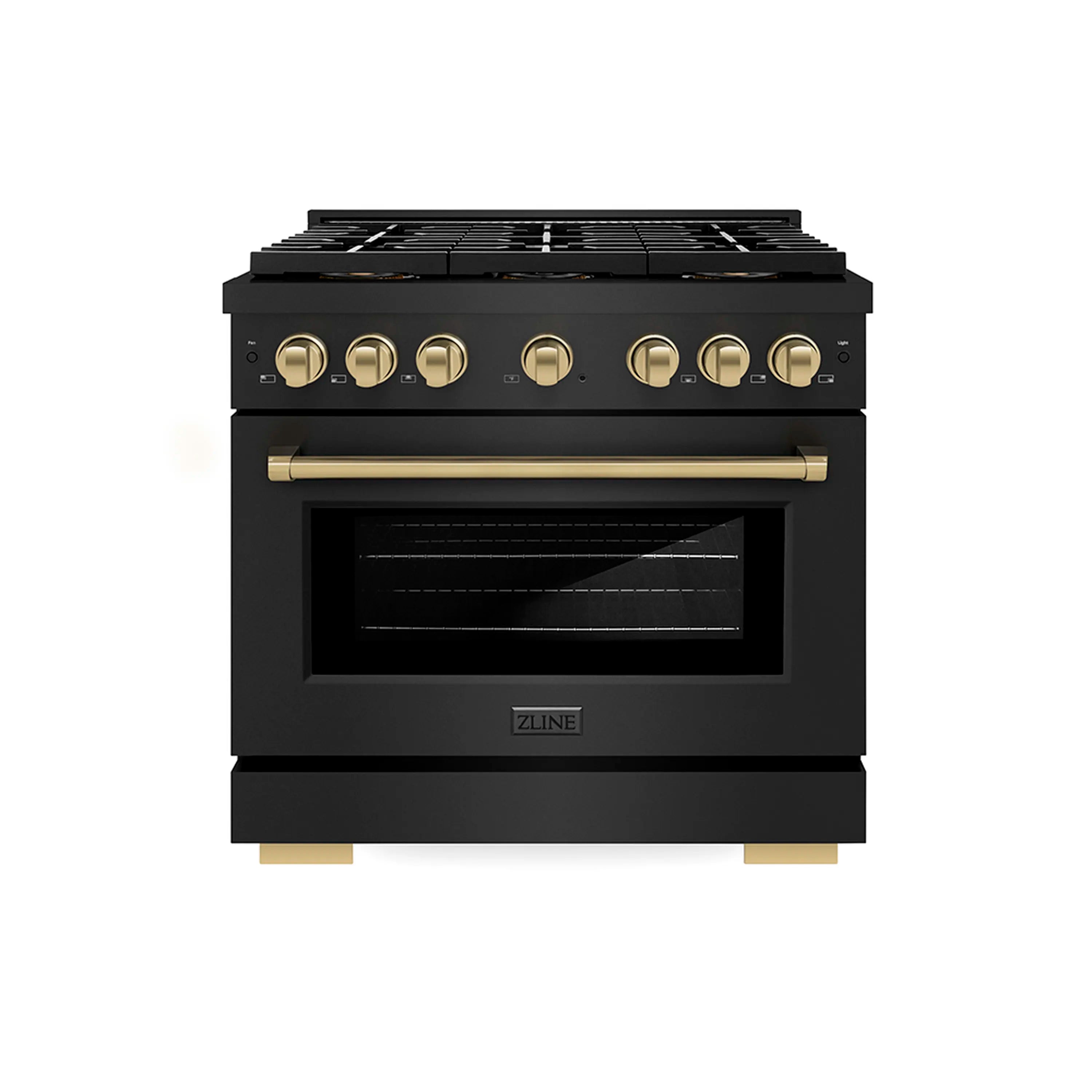 Black stainless gas range with champagne bronze knobs and oven door