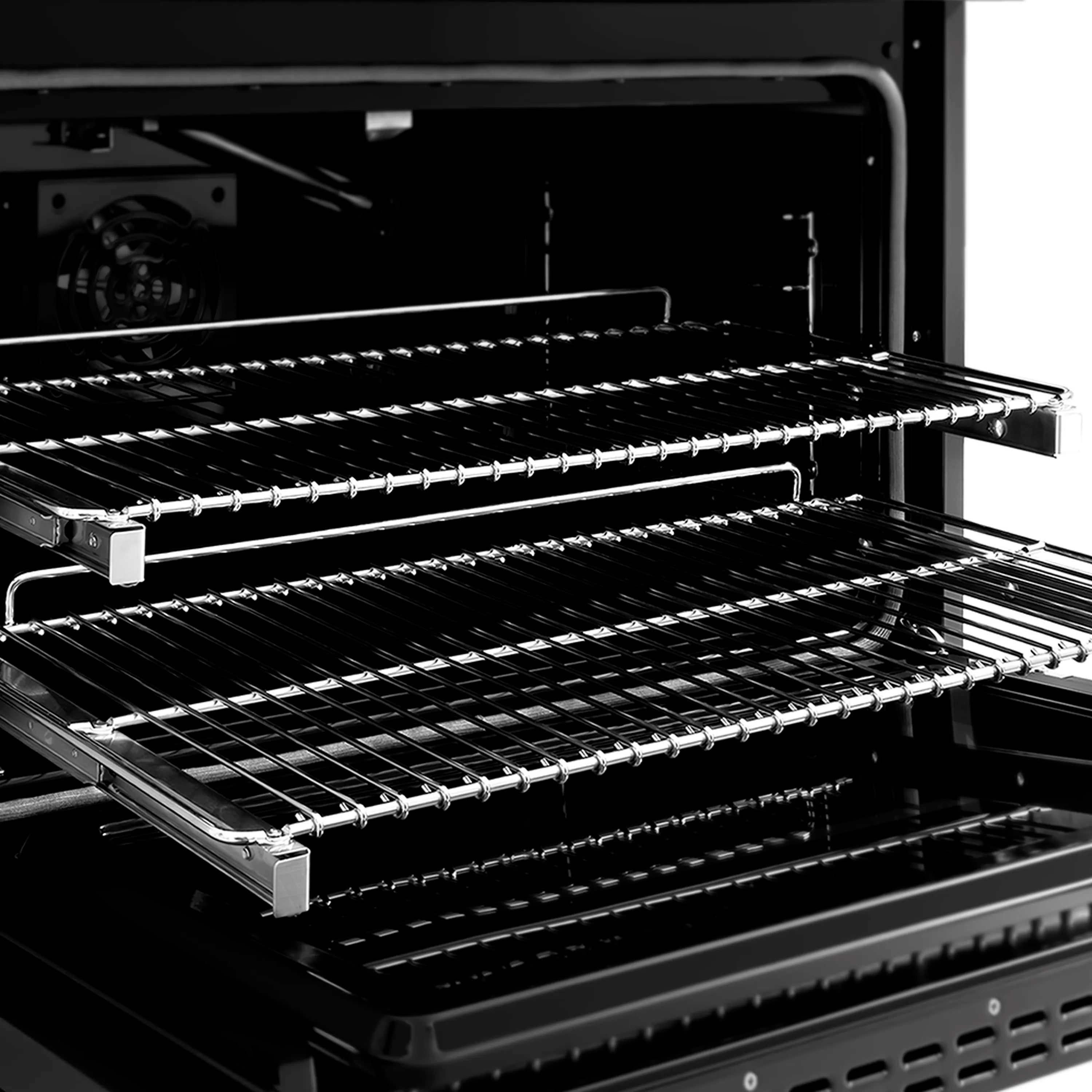 Gas oven with pull-out racks and heating elements inside