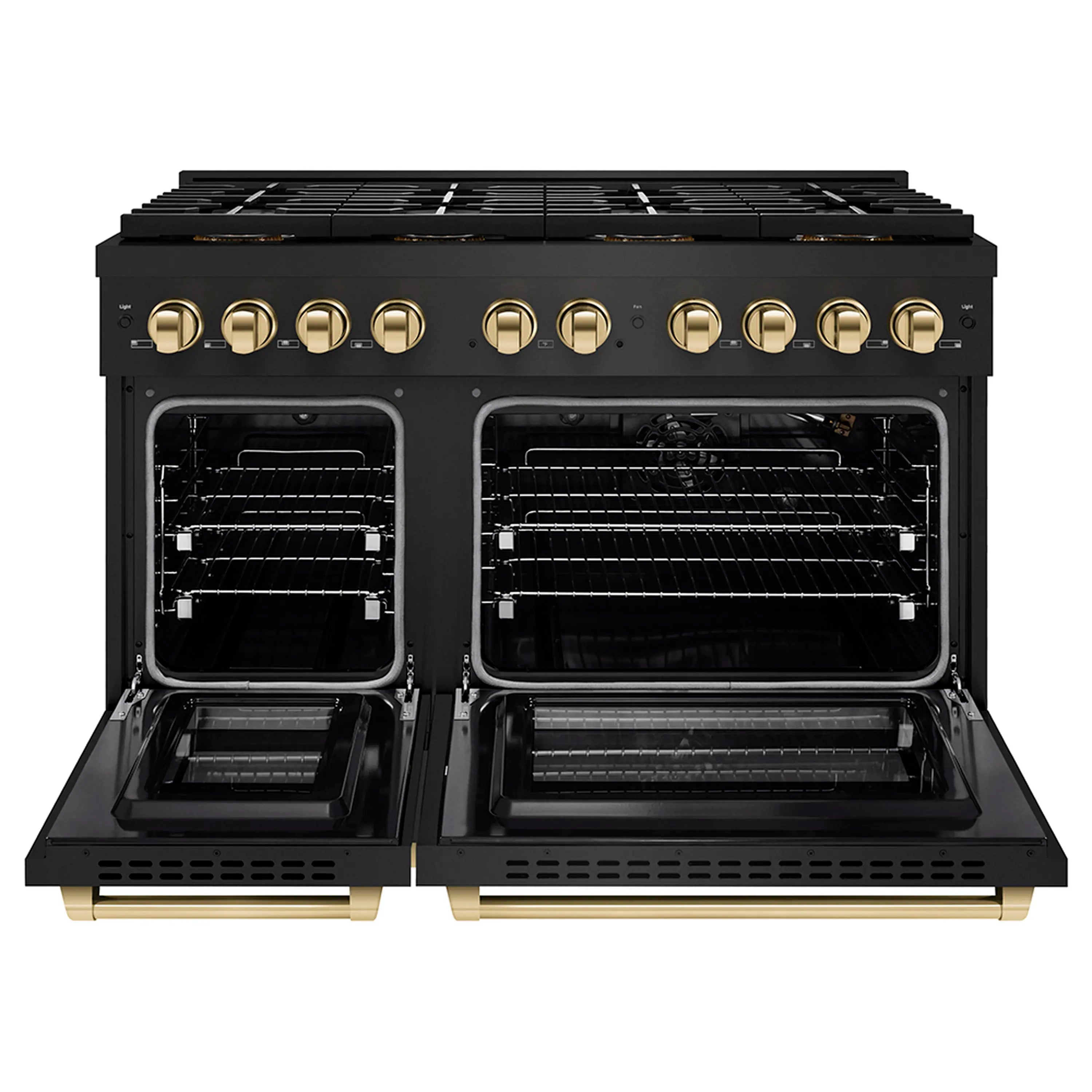Dual oven gas range with both oven doors open and black interior racks
