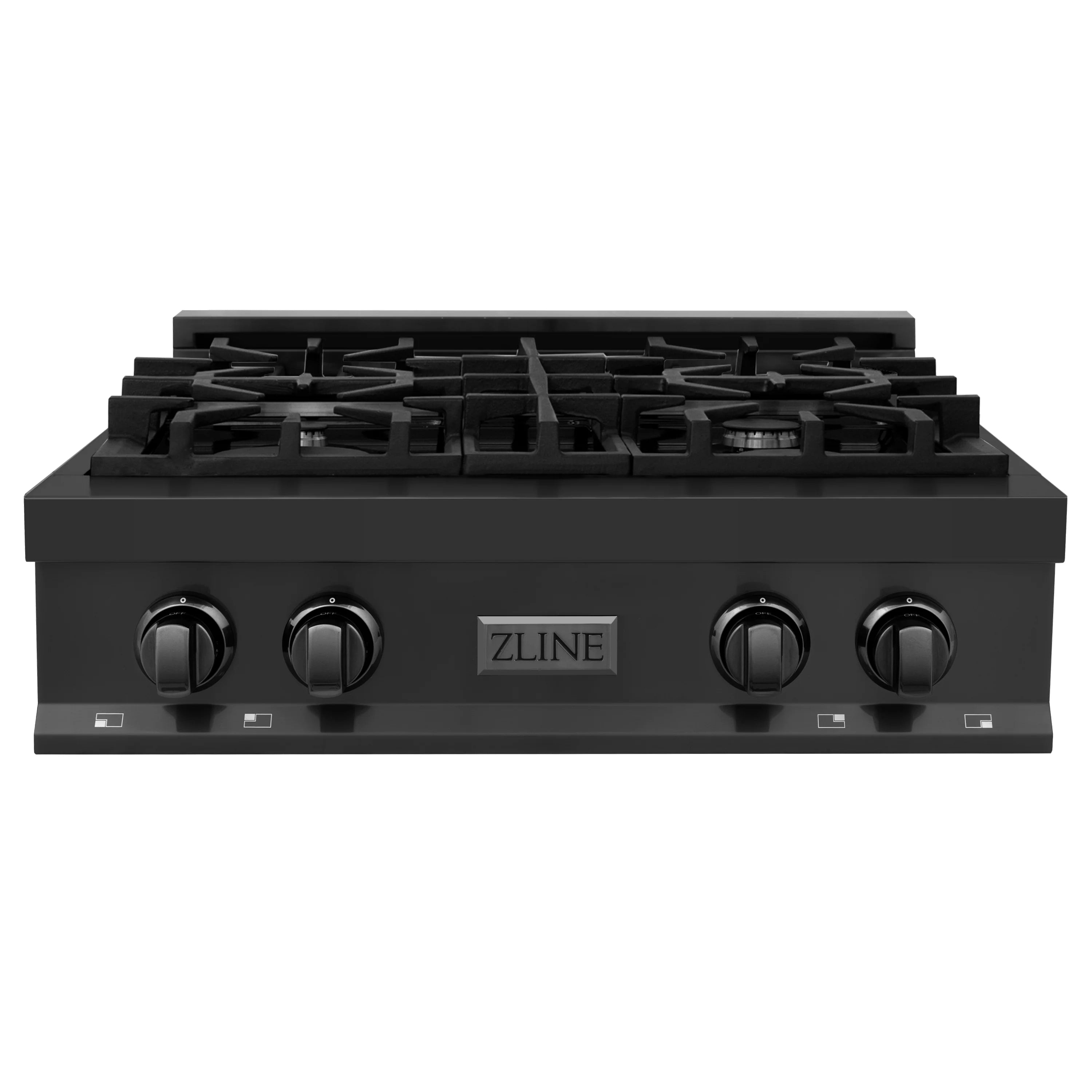 Black stainless steel gas rangetop with four burners and control knobs