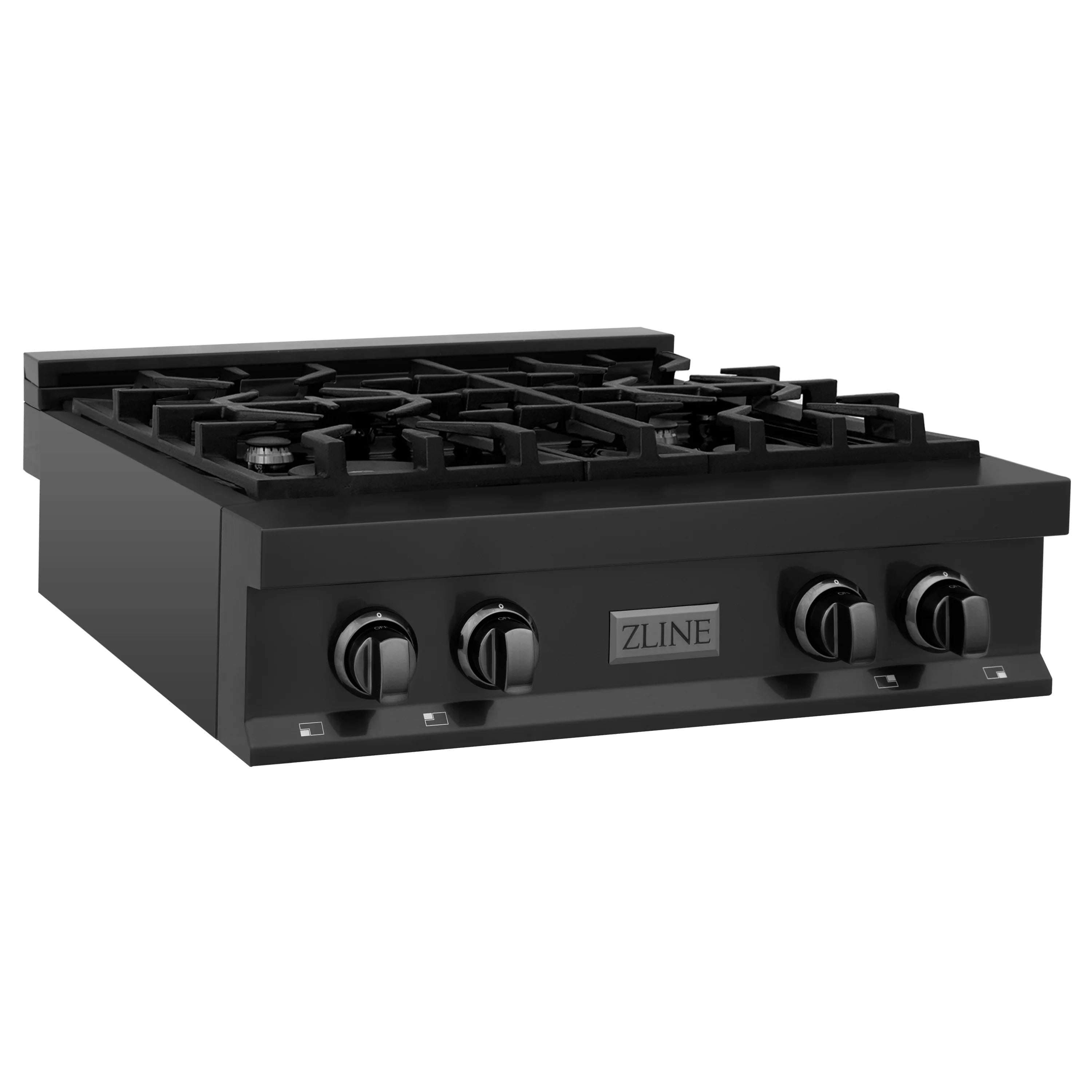 Black gas rangetop angled view with four burners, grates, and ZLINE logo
