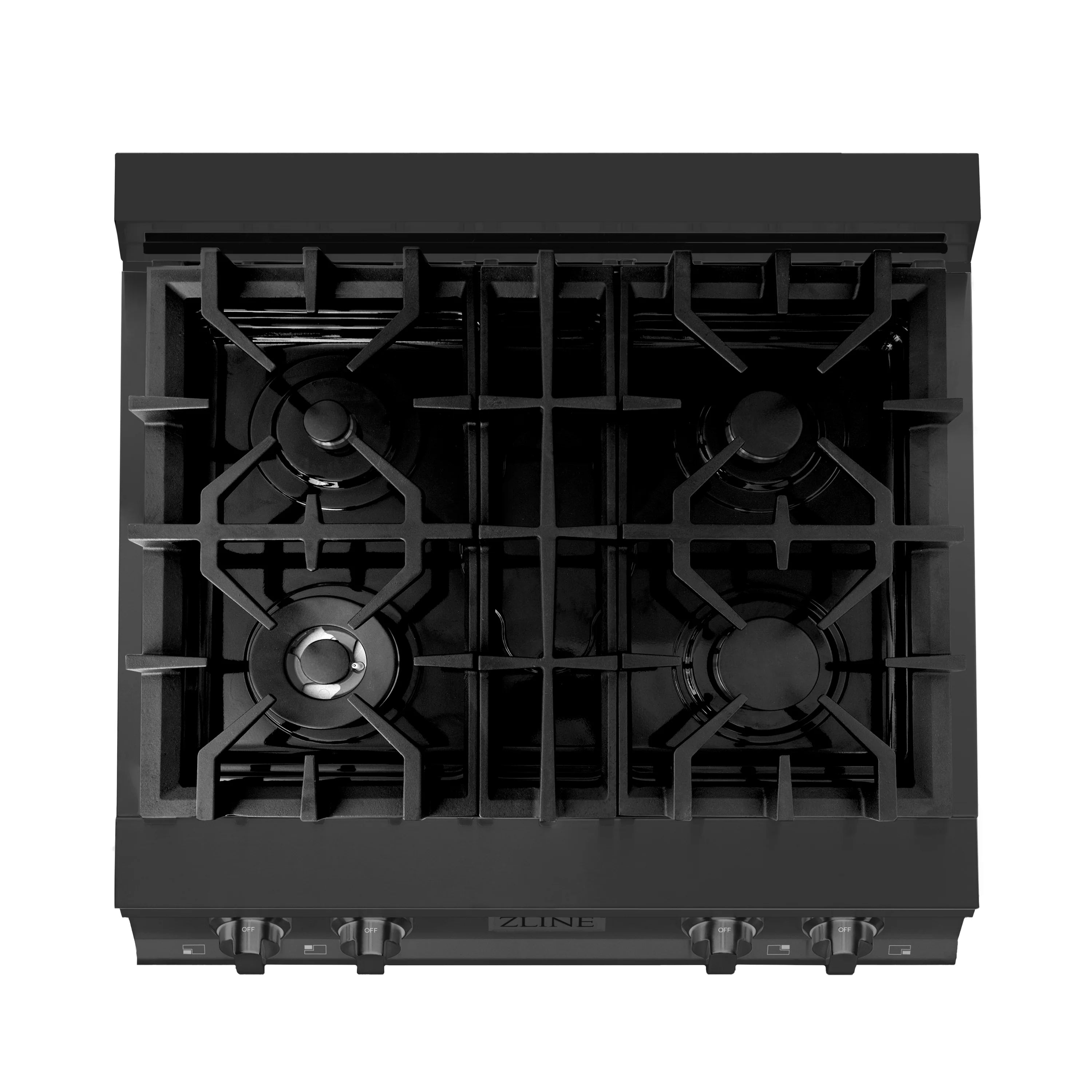 Top view of black gas rangetop with four burners and cast-iron grates