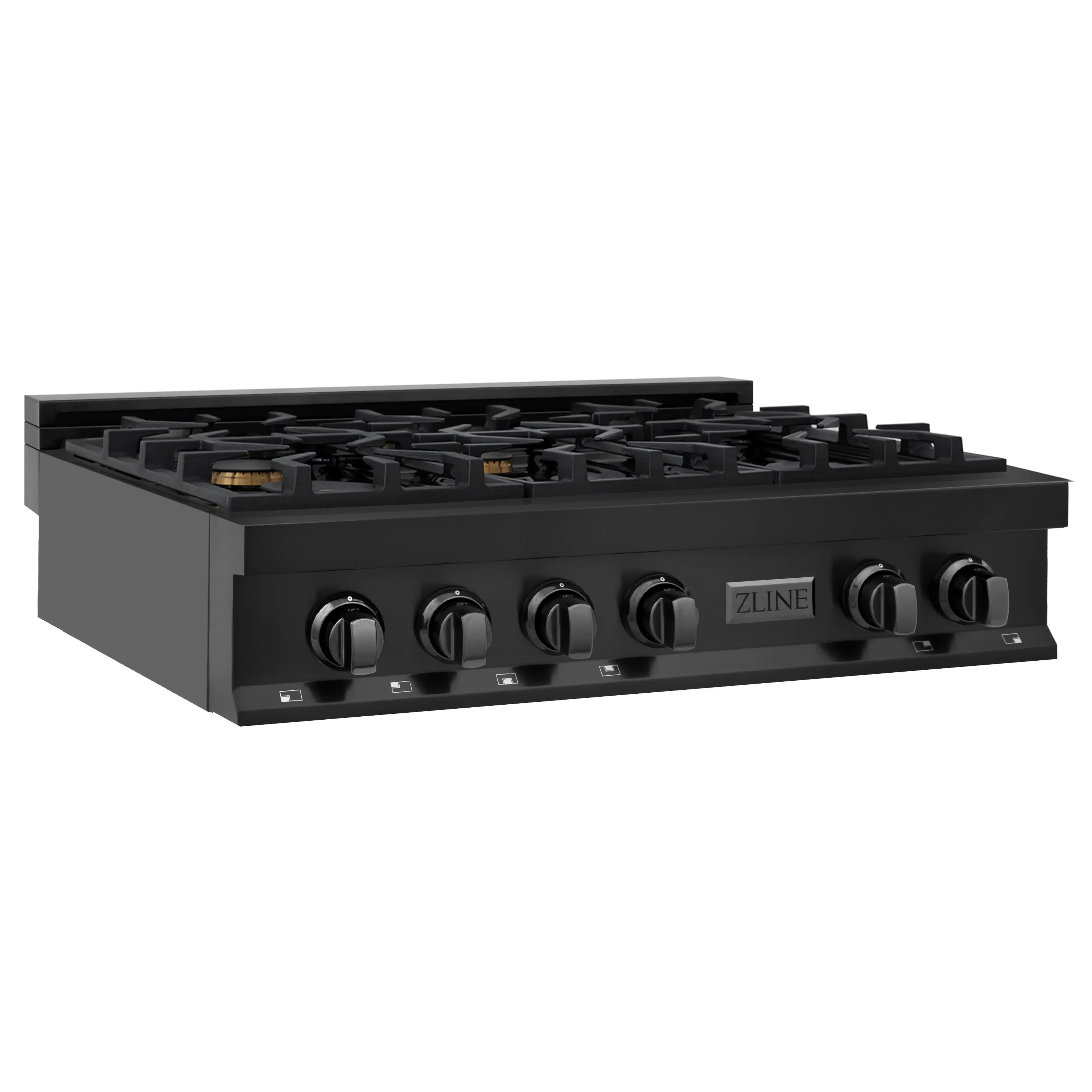 Black 36-inch gas rangetop side view with six burners and front control knobs