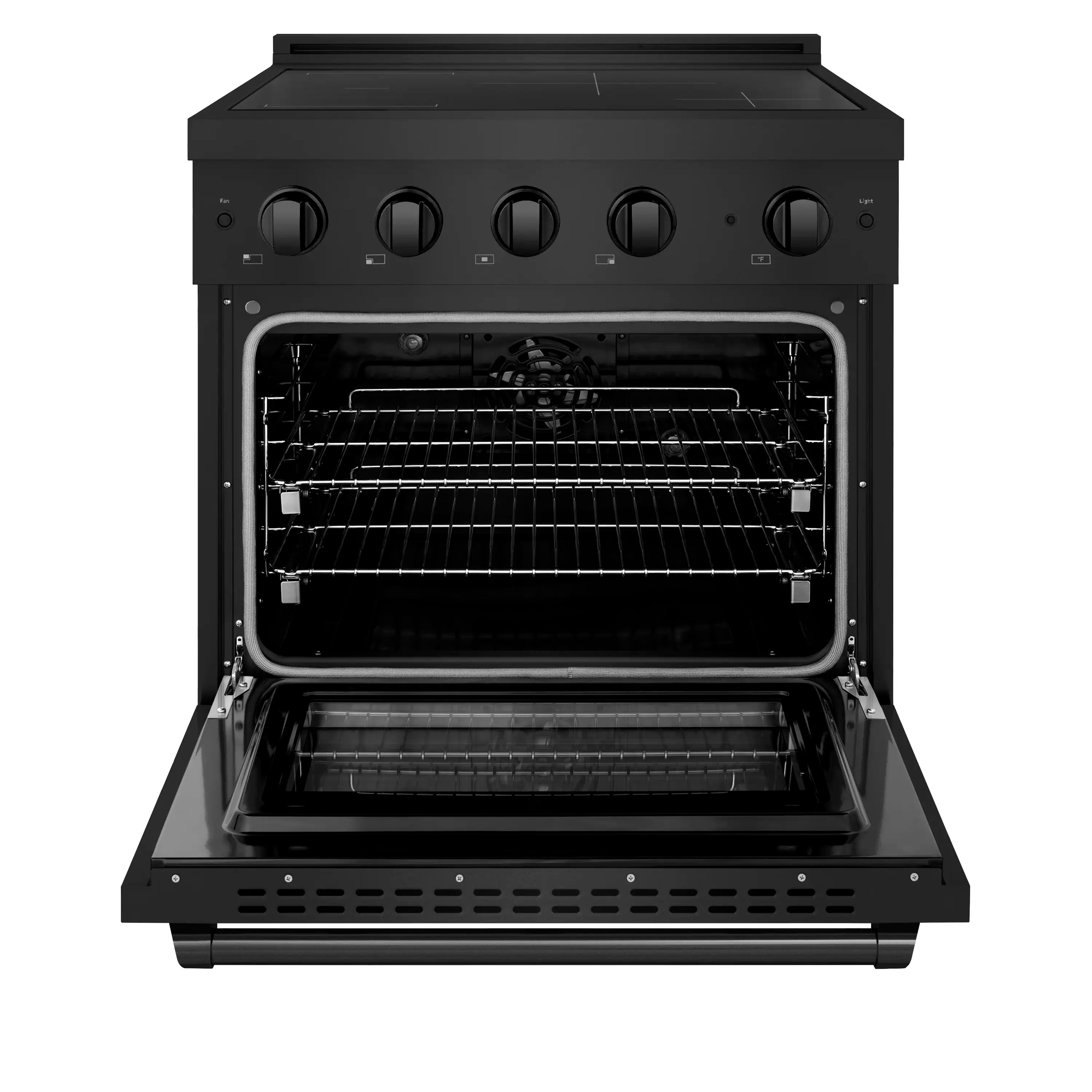 ZLINE induction range with open oven door and top control knobs