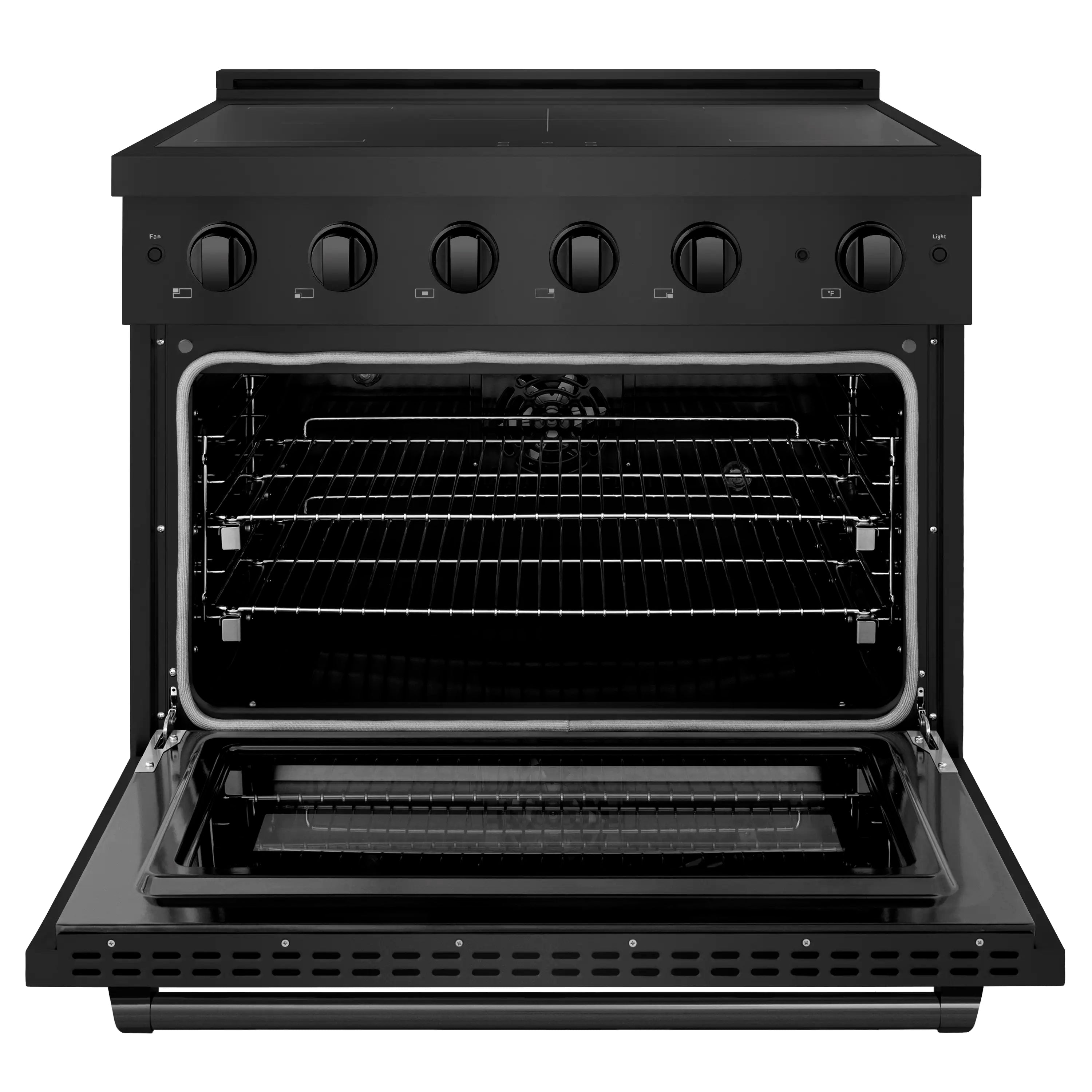 Induction range oven door open, showing wire racks and black interior