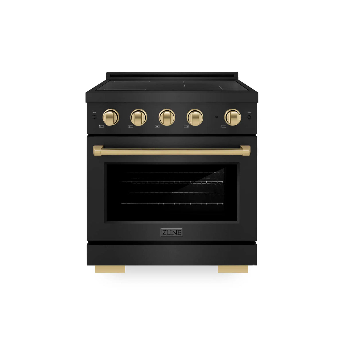 ZLINE 5-Piece Appliance Package - 30-Inch Autograph Induction Range, Wall Mount Range Hood, 36-Inch French Door Refrigerator with Water Dispenser, Dishwasher, and 24-Inch Microwave Drawer in Black Stainless Steel with Champagne Bronze Accents