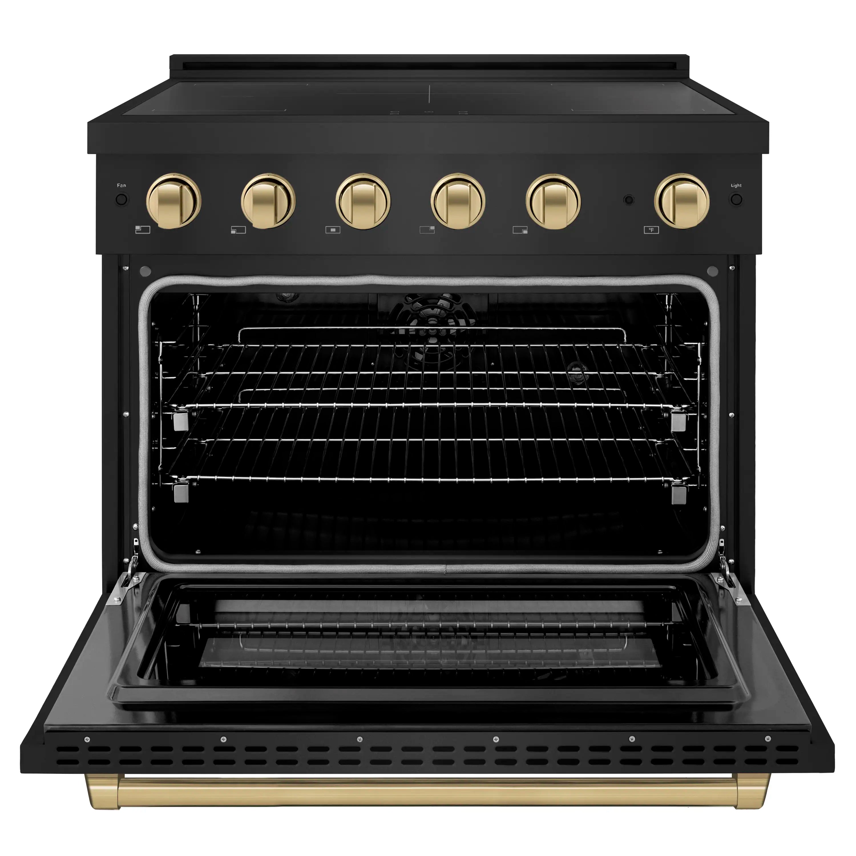 Open black stainless oven with wire racks and champagne bronze bottom trim
