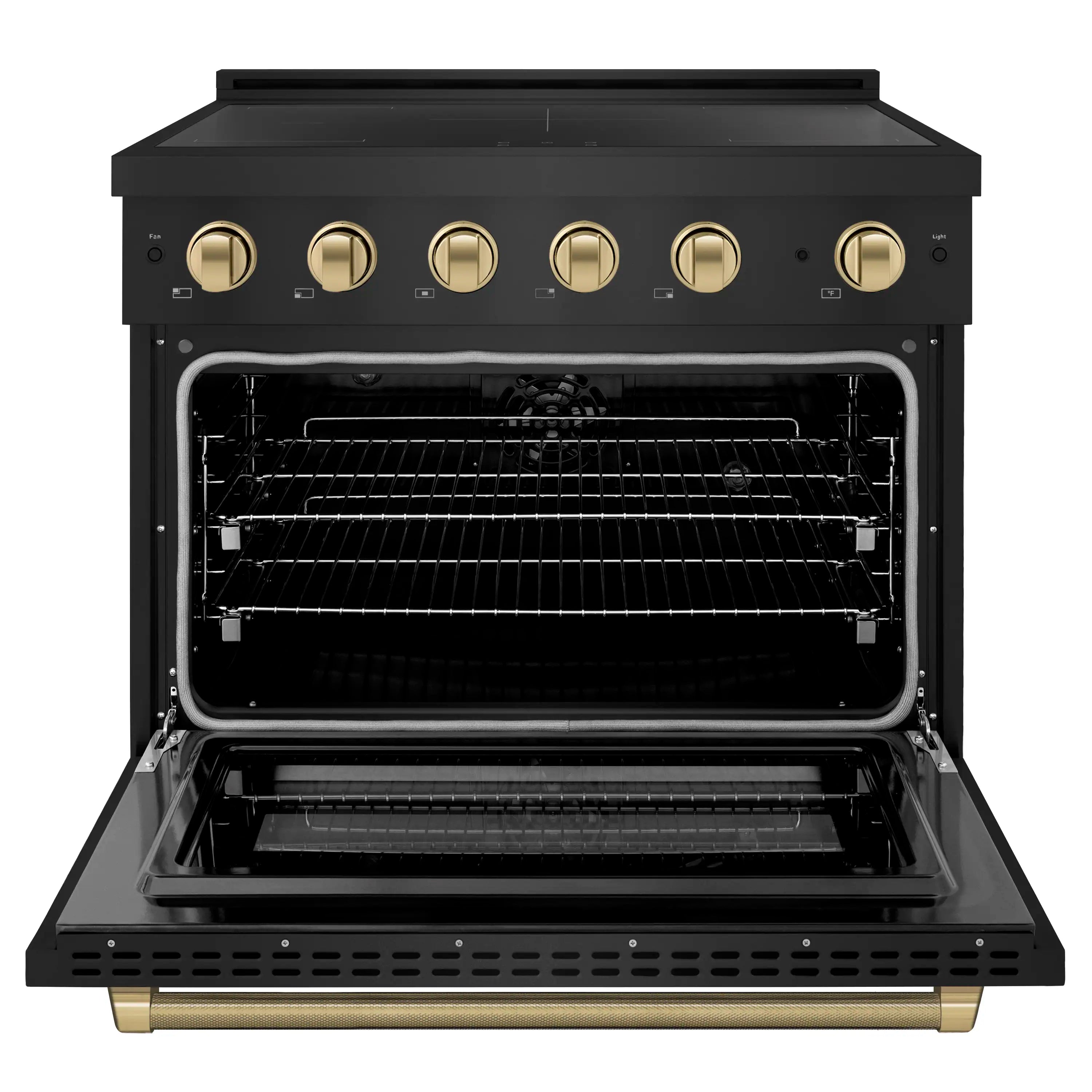 Black stainless electric convection oven with open door and wire racks inside