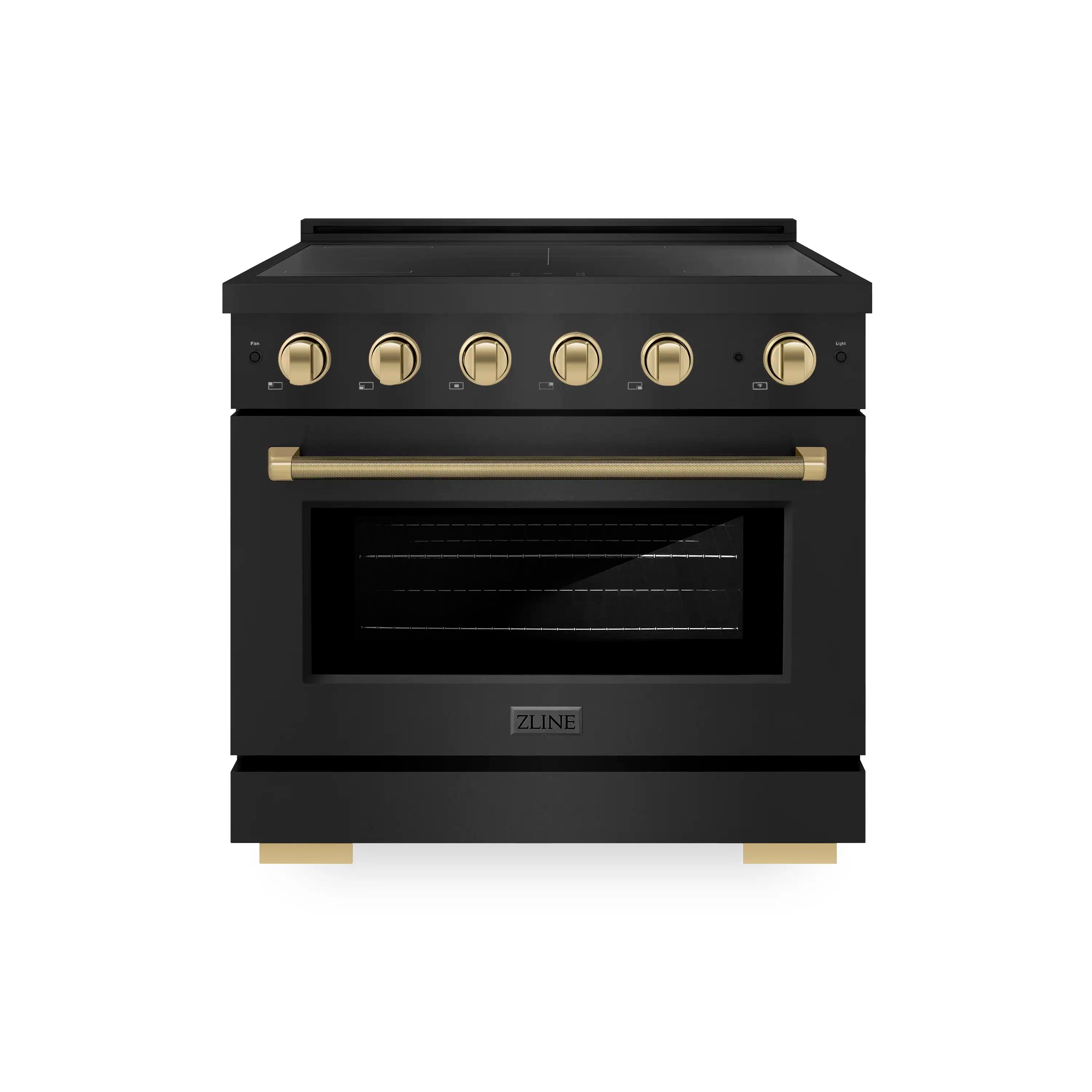 Black stainless induction range with champagne bronze control knobs and closed oven door