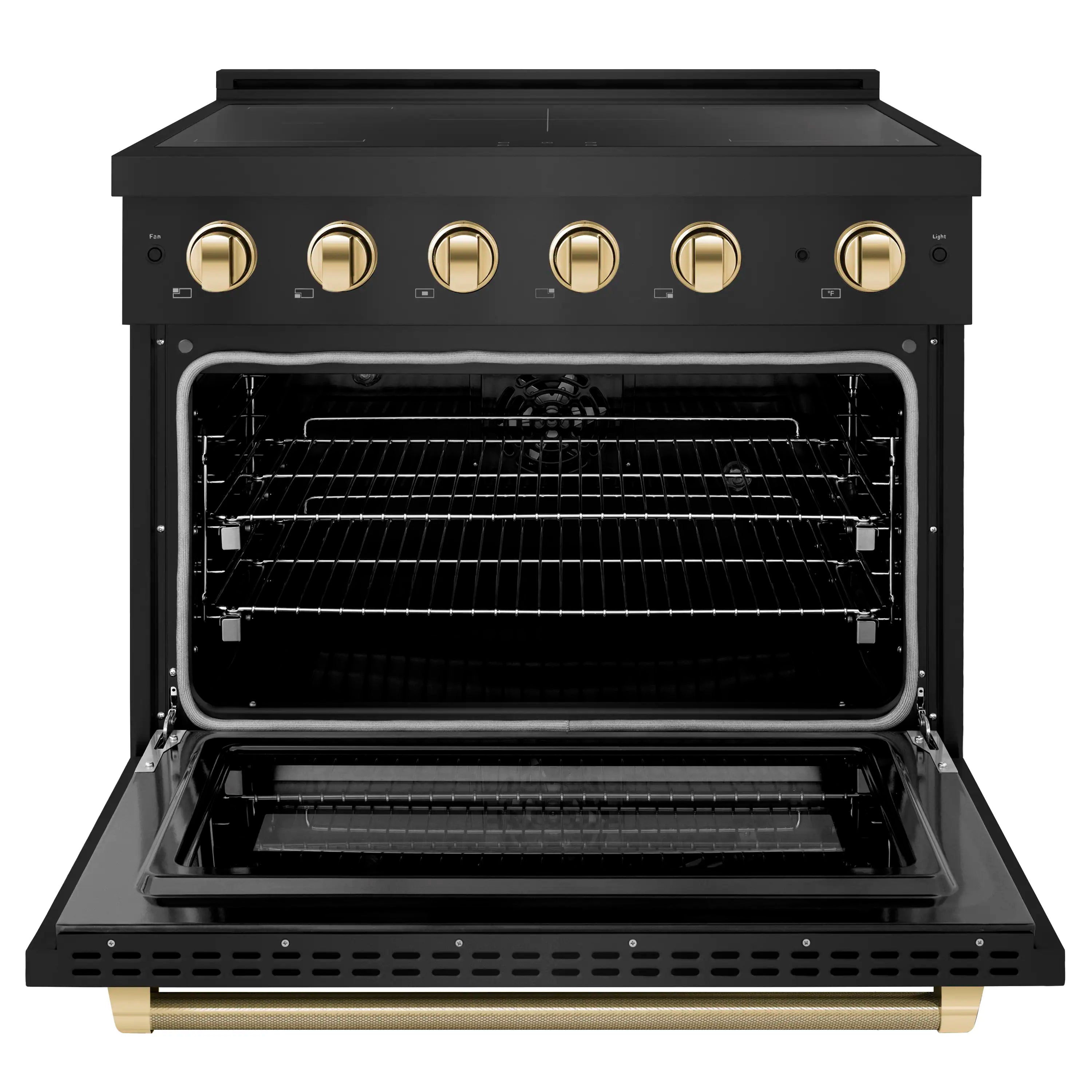 Black stainless induction range with open electric convection oven and gold knobs