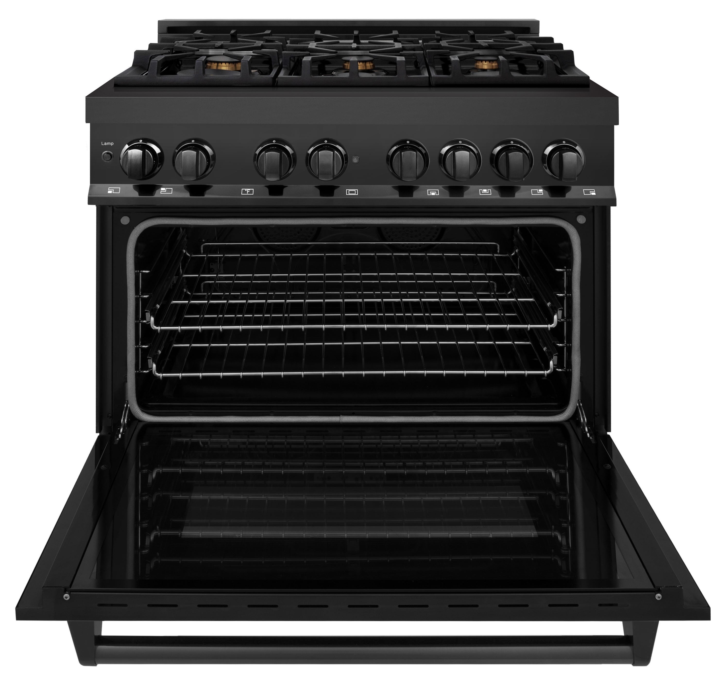 Black dual-fuel range with oven door open, two oven racks inside