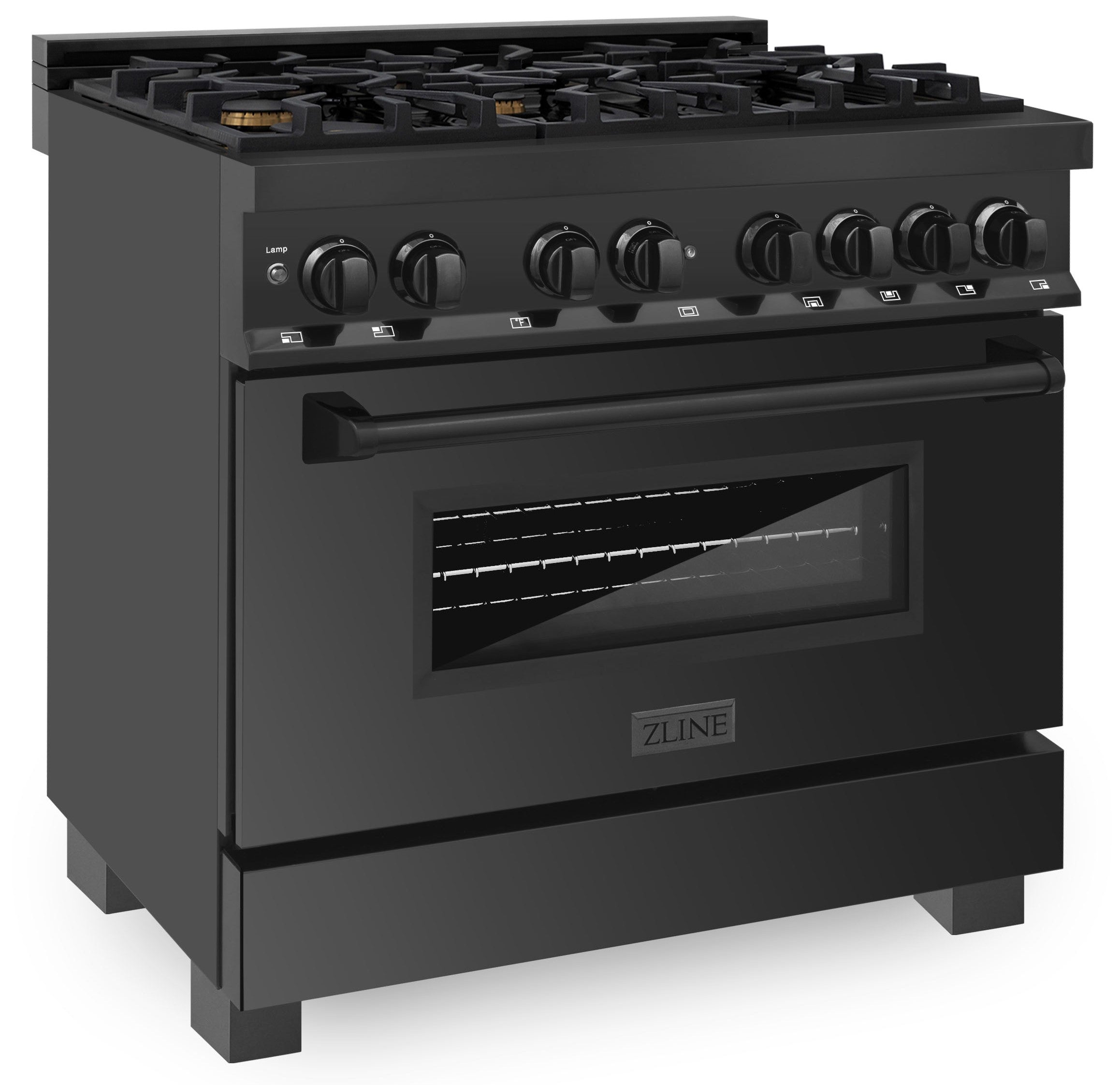 Black dual-fuel range angled view, oven window and control knobs on top