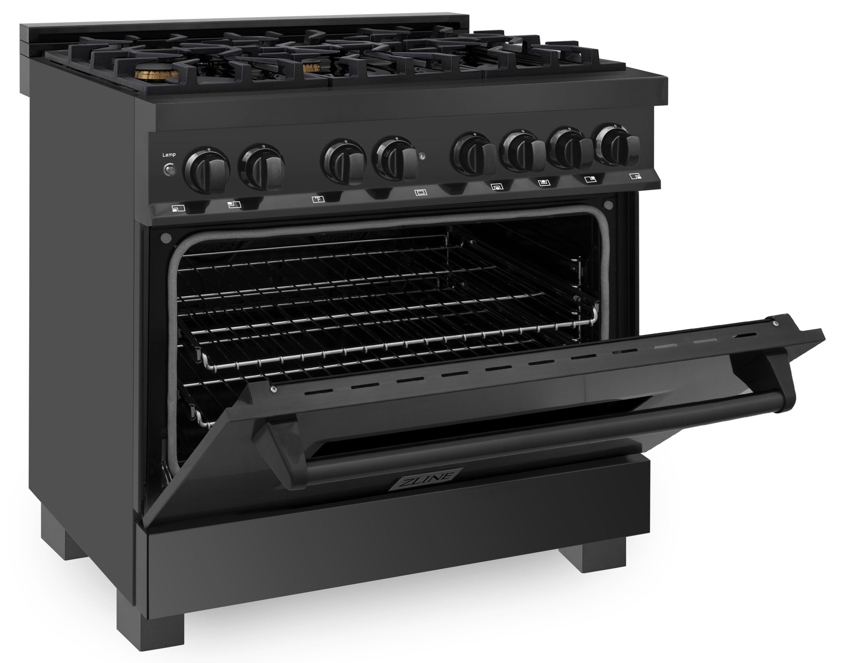 Black dual-fuel range with oven door open and inner rack visible