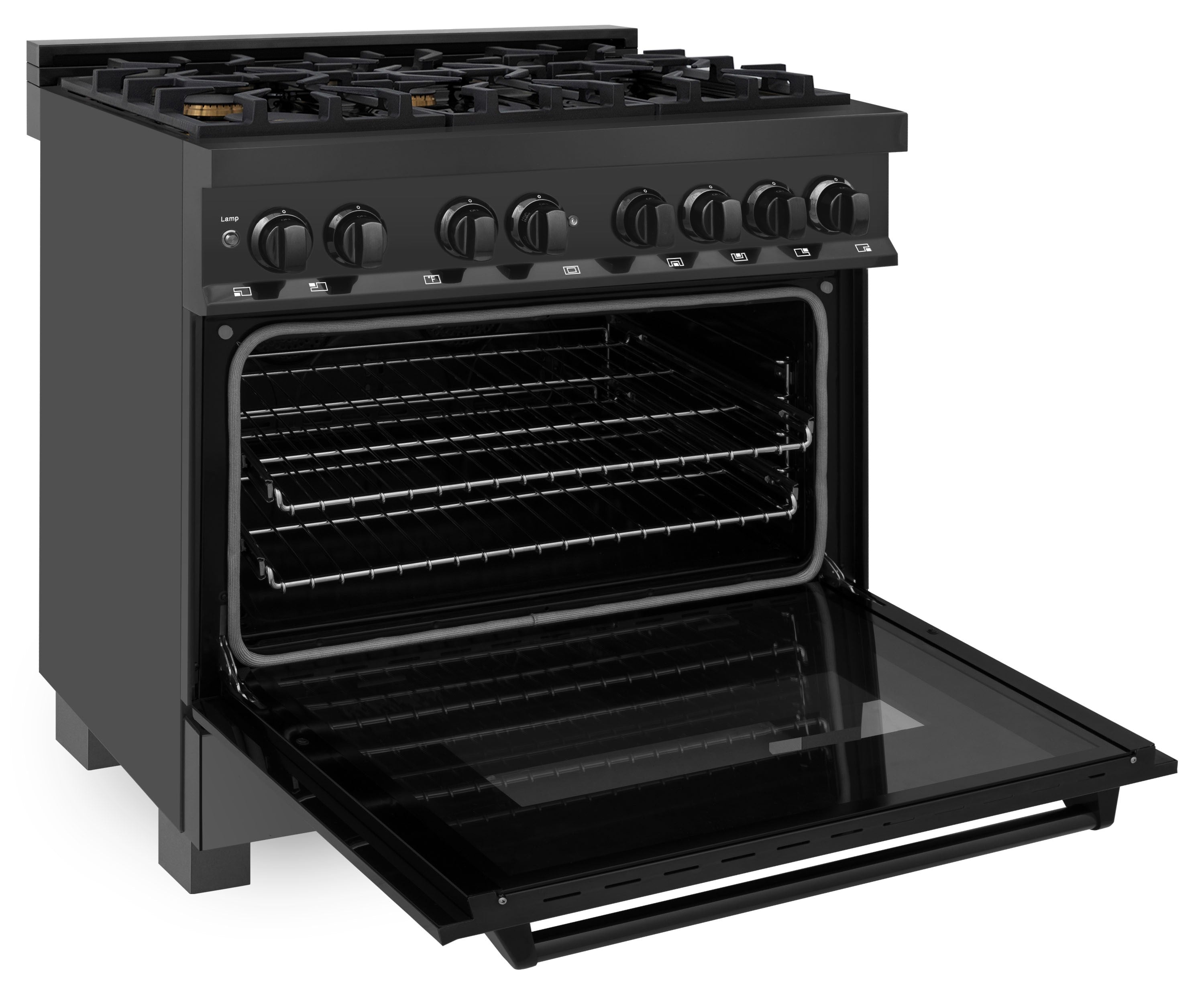 Black dual-fuel range with oven door open and grill-style bottom tray
