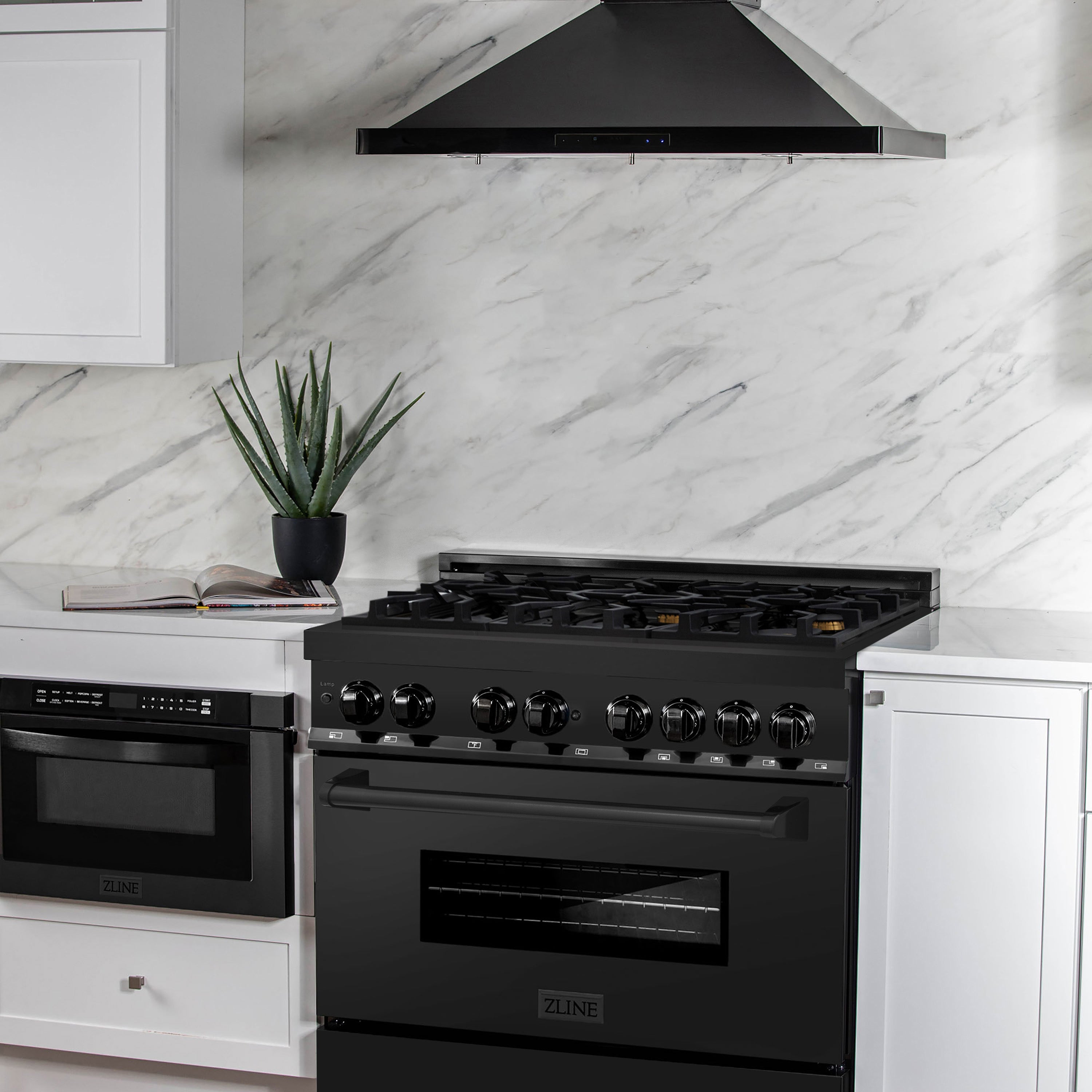 Black dual-fuel range in a kitchen, gas burners and oven door with ZLINE logo