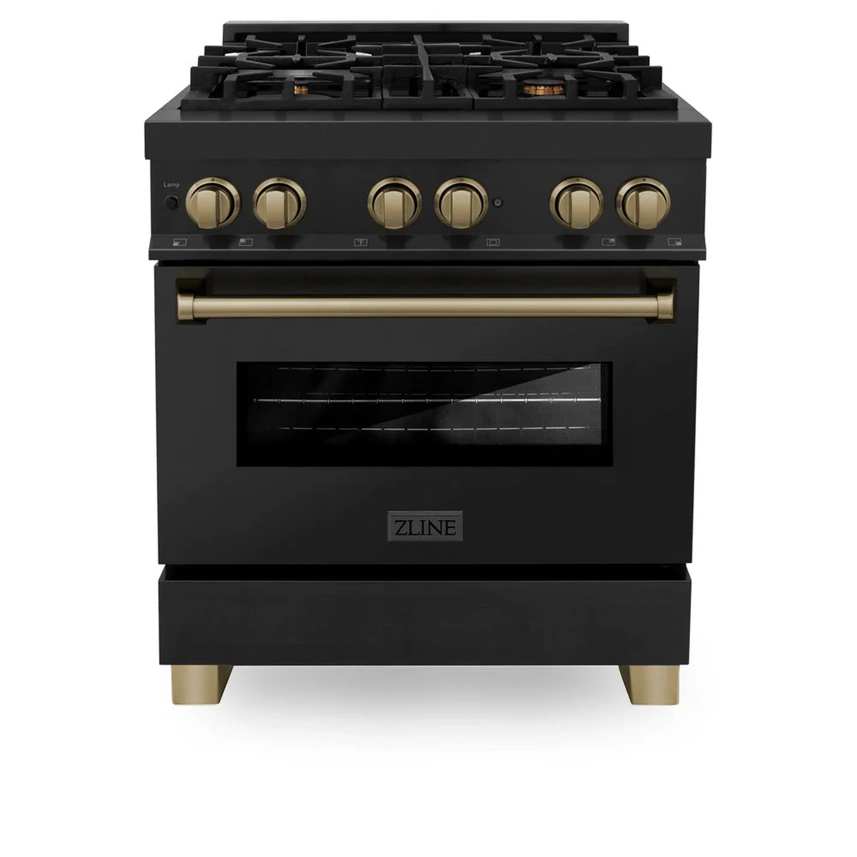 Black dual fuel range with gas cooktop, electric oven window, and champagne bronze knobs