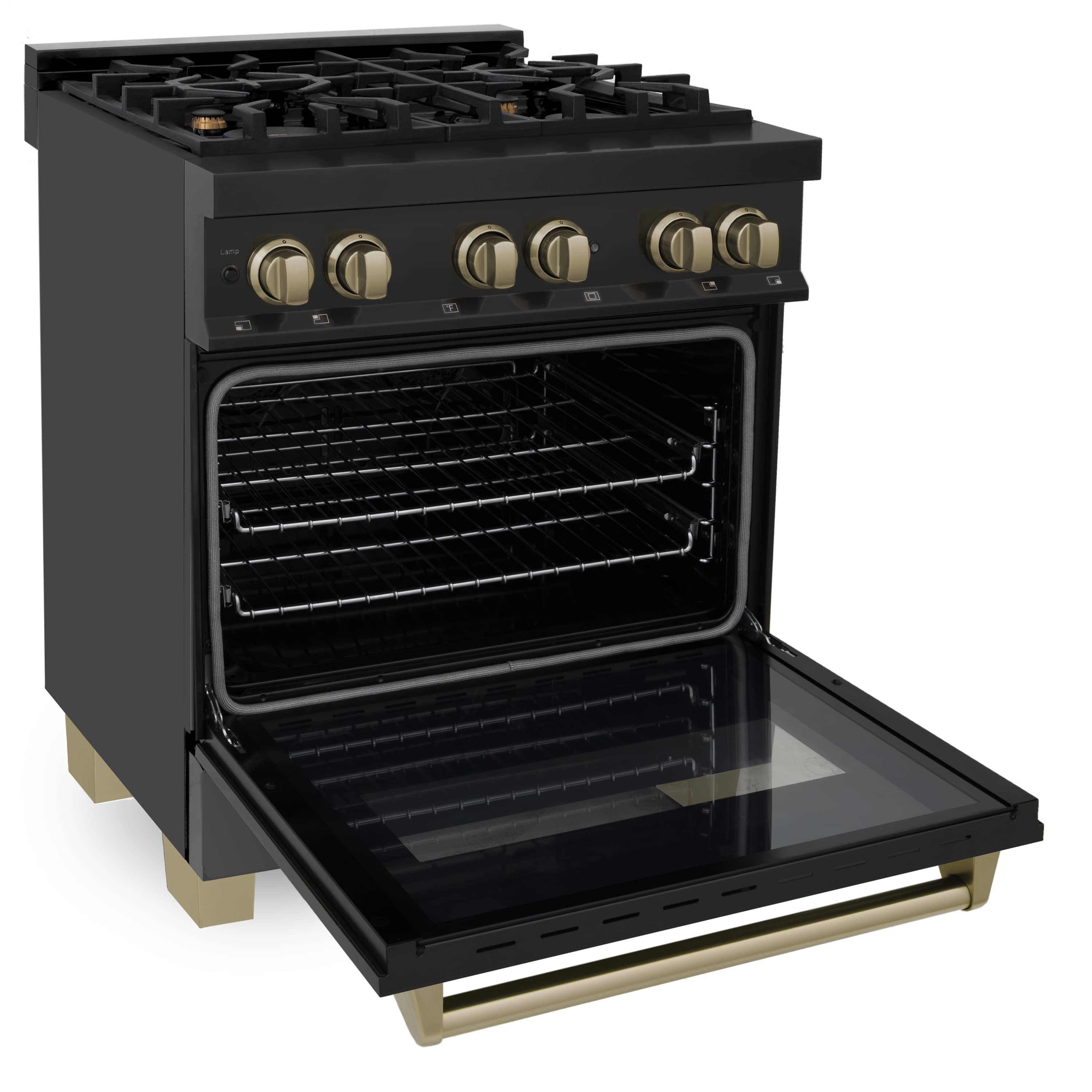 Black dual fuel range with open oven door showing racks and brass-tone control panel