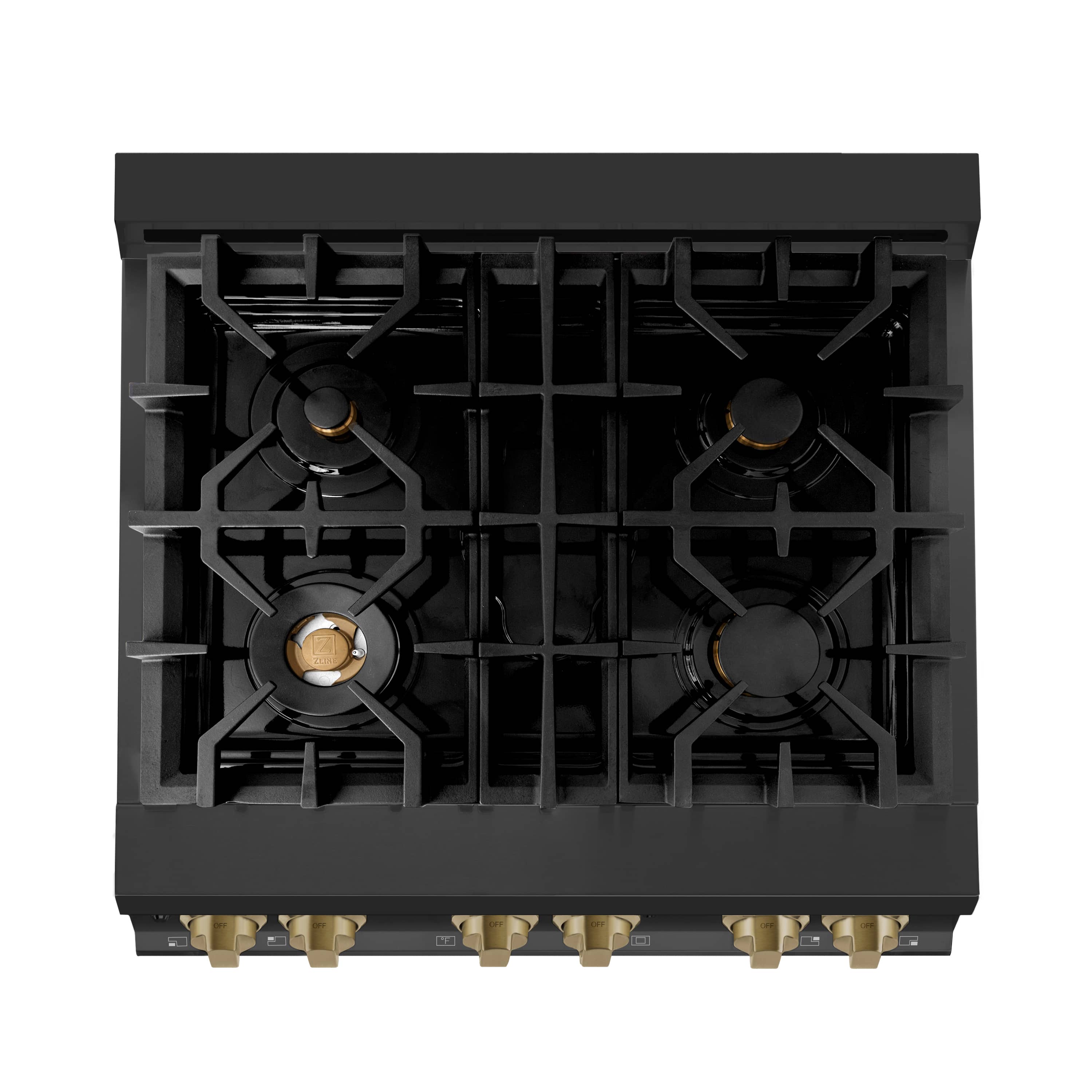 Black gas cooktop with four burners and brass-tone igniter caps on dual fuel range