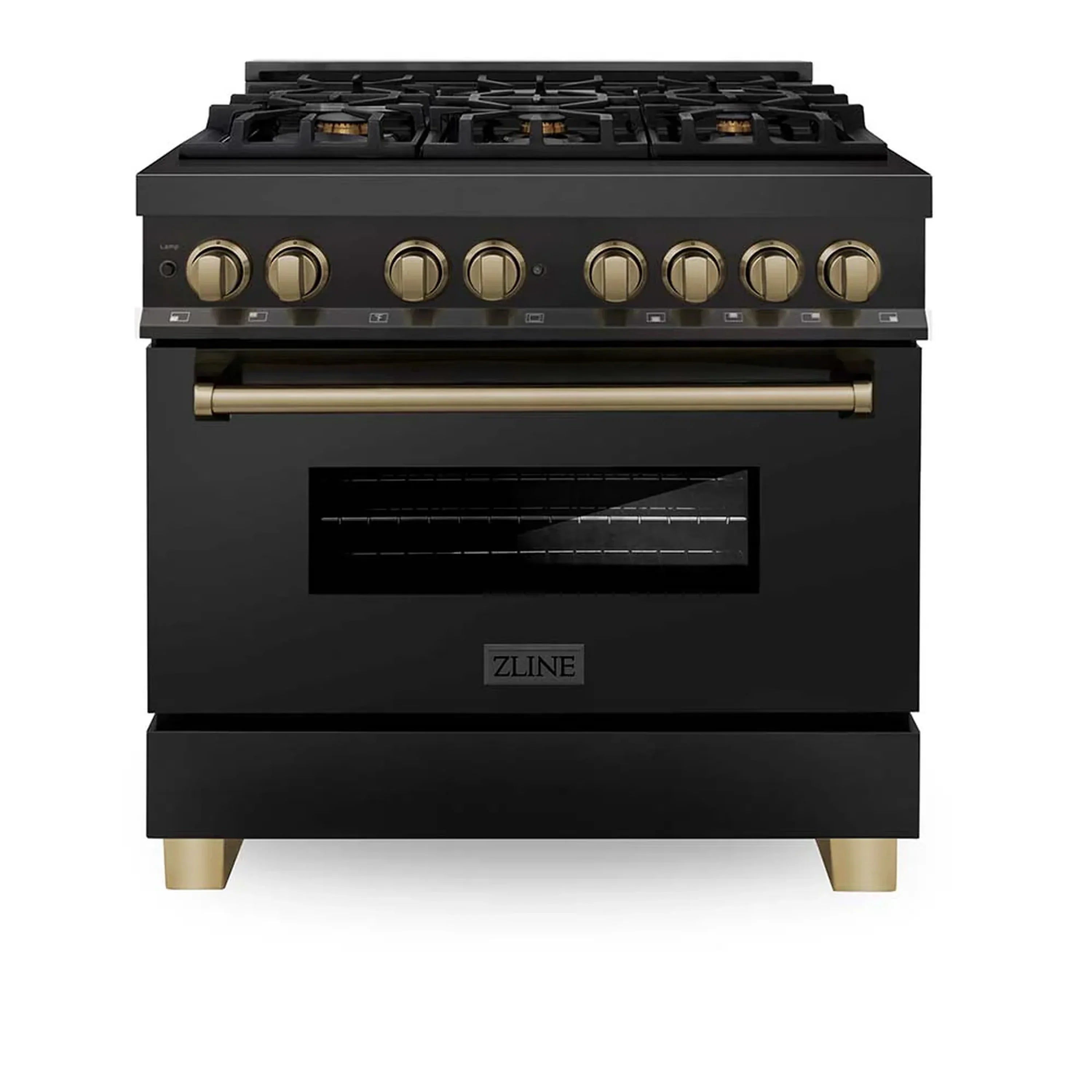 ZLINE black dual fuel range with gold control knobs and oven door