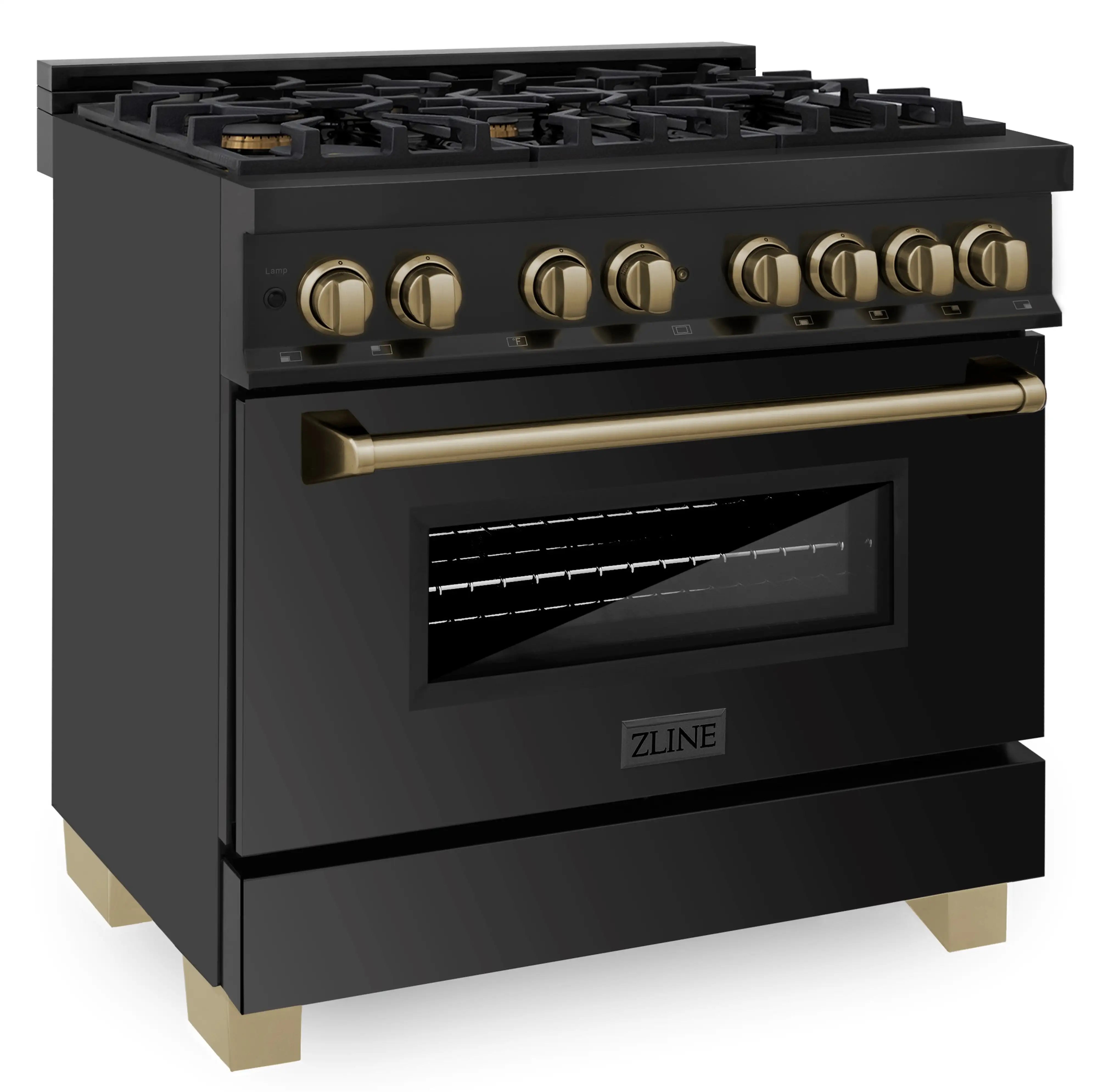 Black dual fuel range with champagne bronze oven handle and control knobs