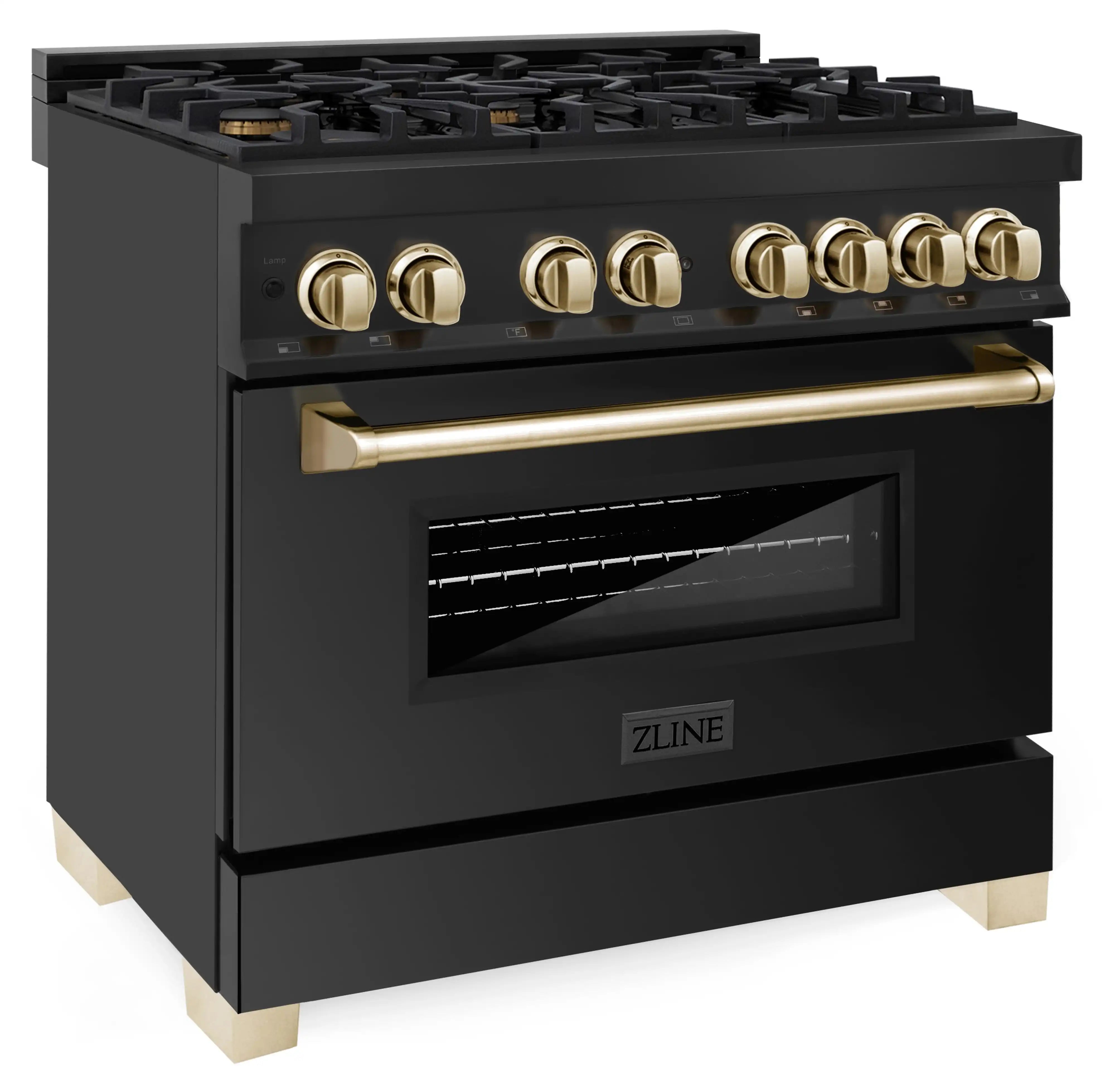 Black dual fuel range angled view with gold knobs, gold handle, and oven window