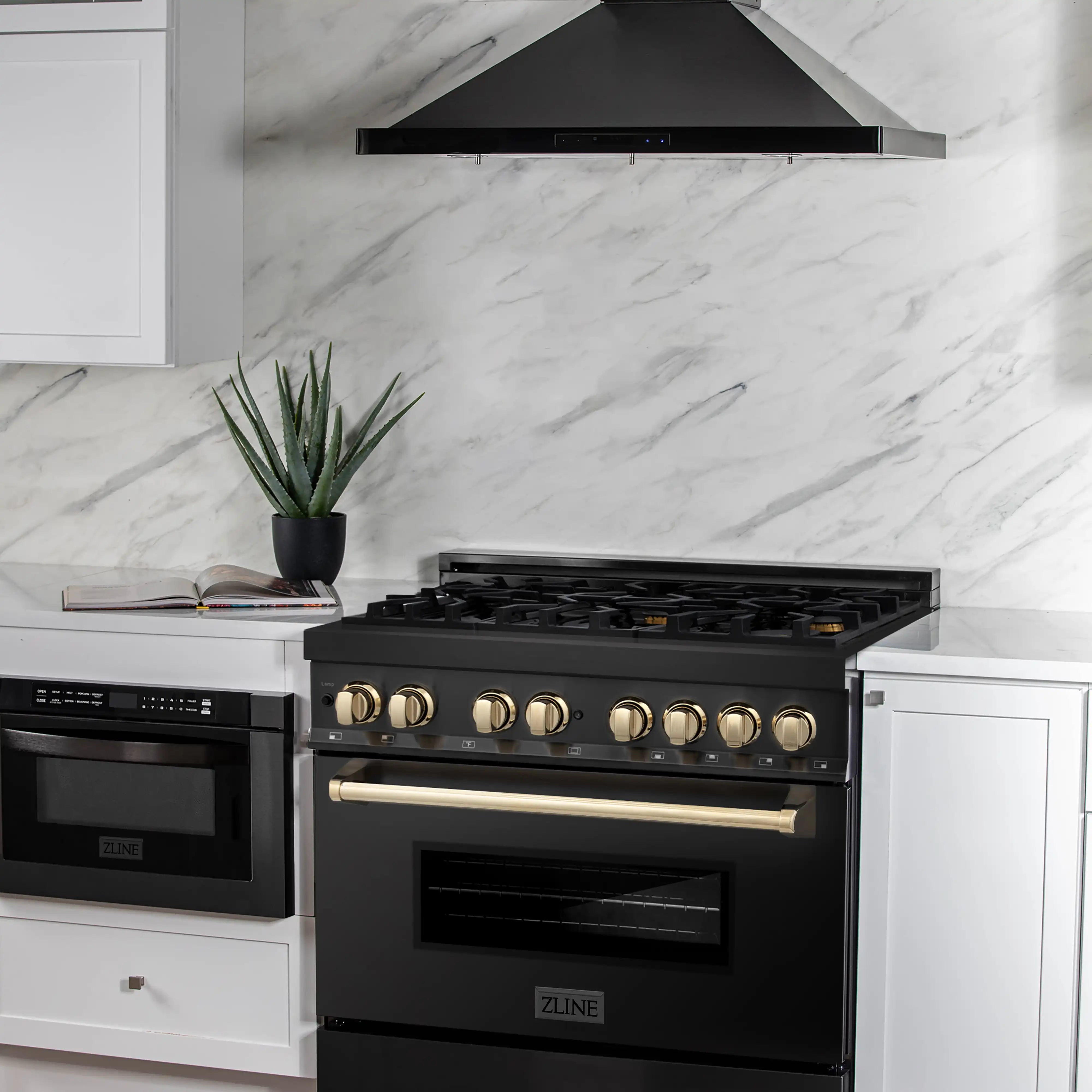 Black dual-fuel range with gold knobs and built-in oven window, shown in kitchen.