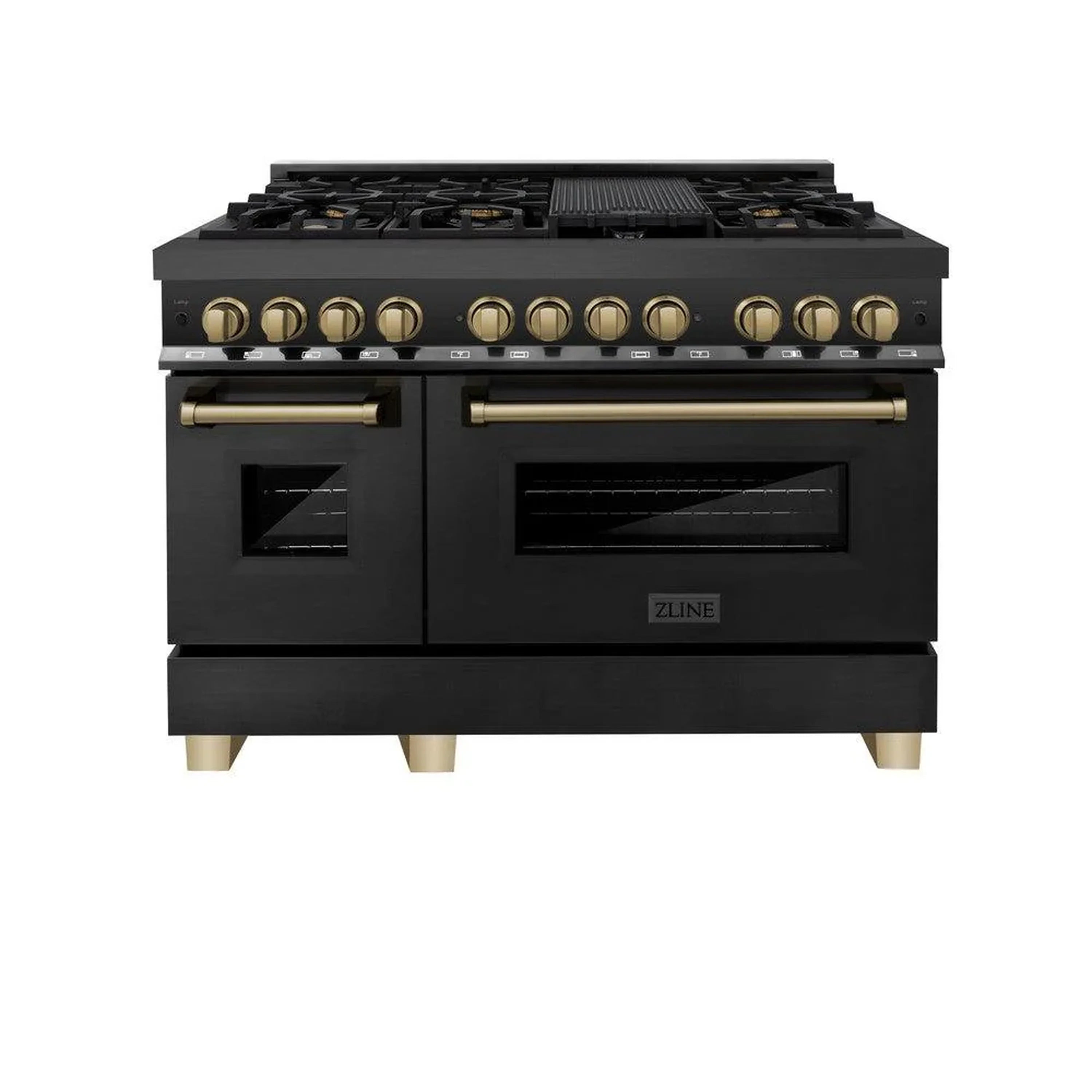 Black stainless dual fuel range top with 7 gas burners and gold-tone control knobs