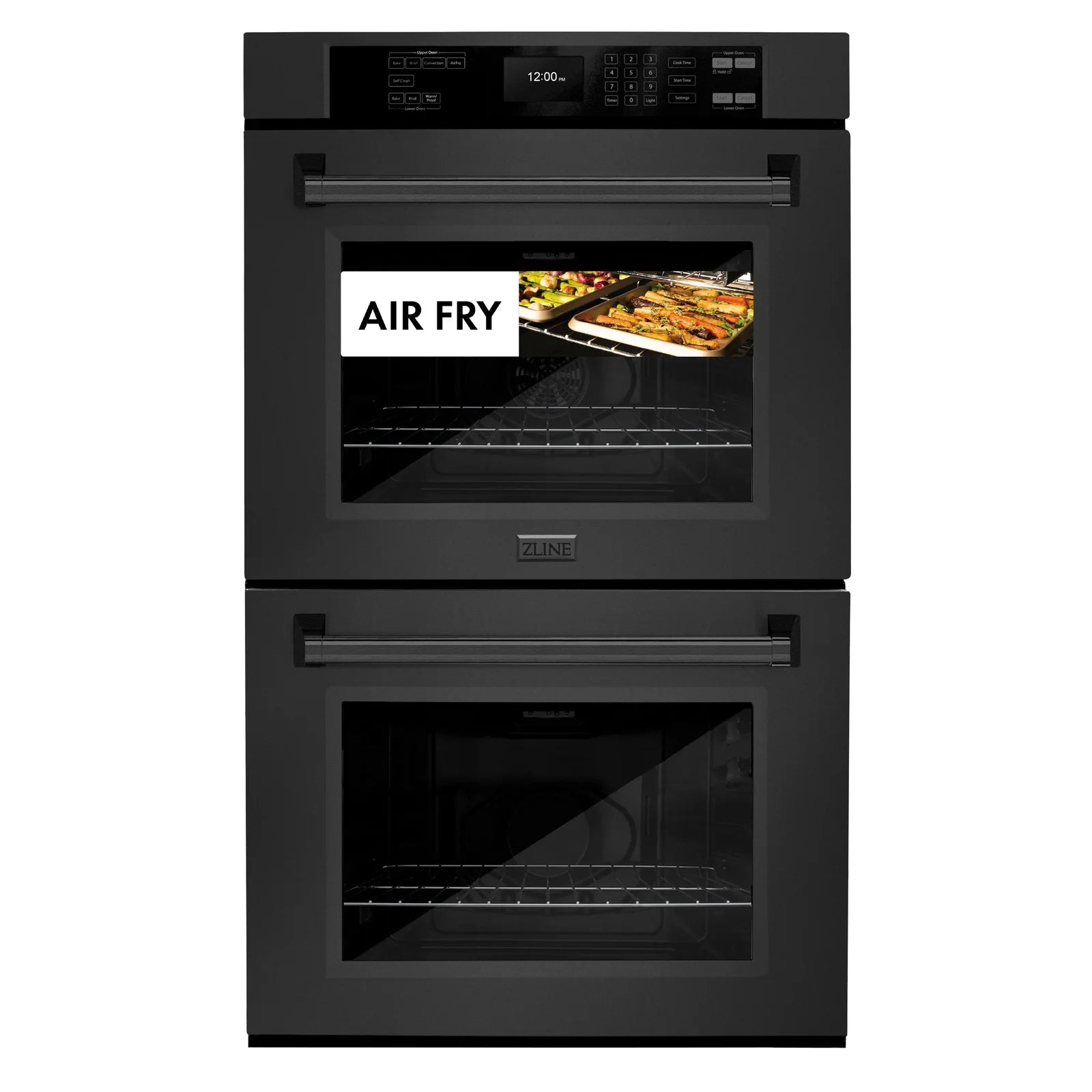 Black double wall oven showing Air Fry mode with upper door open