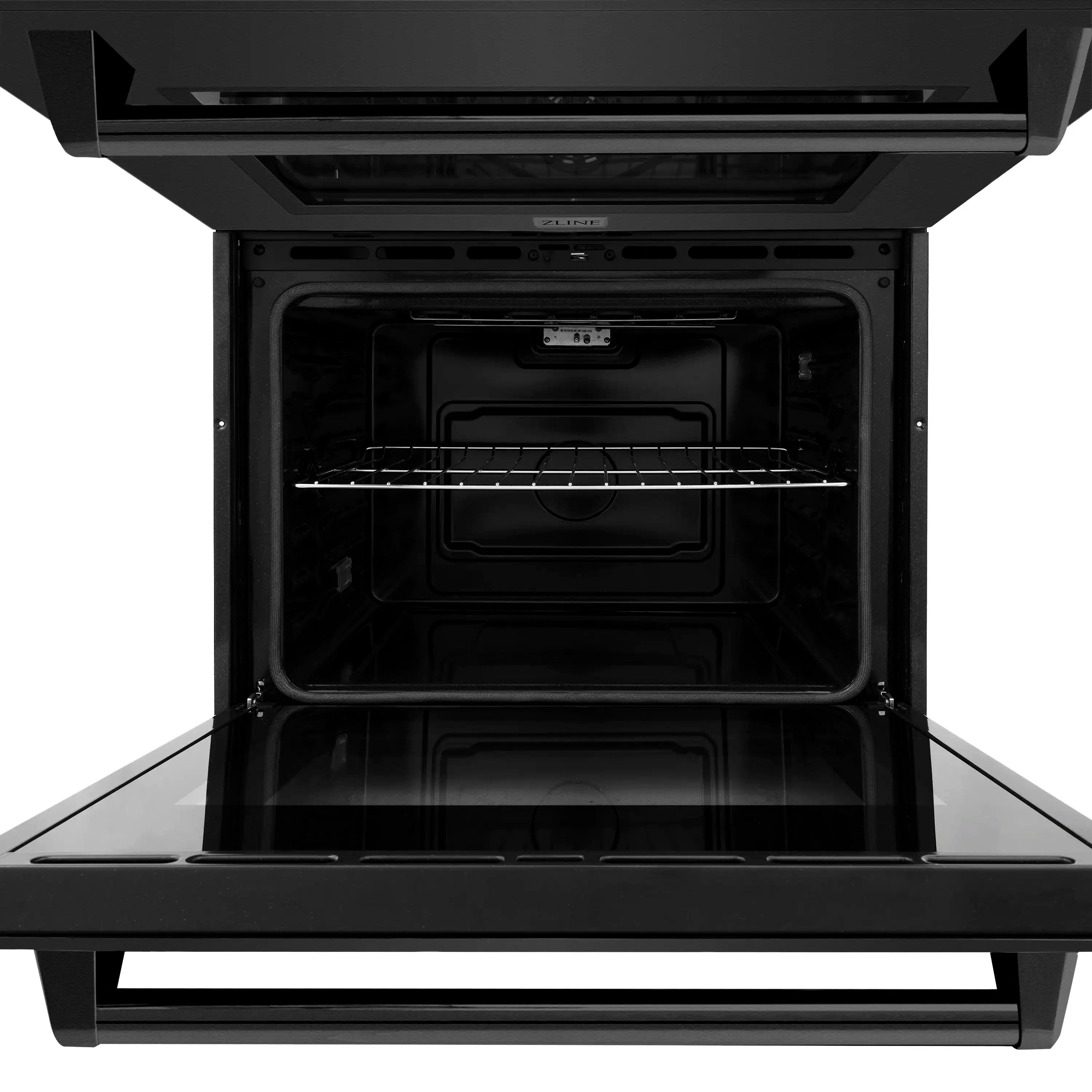 Black double wall oven with upper and lower baking cavities visible