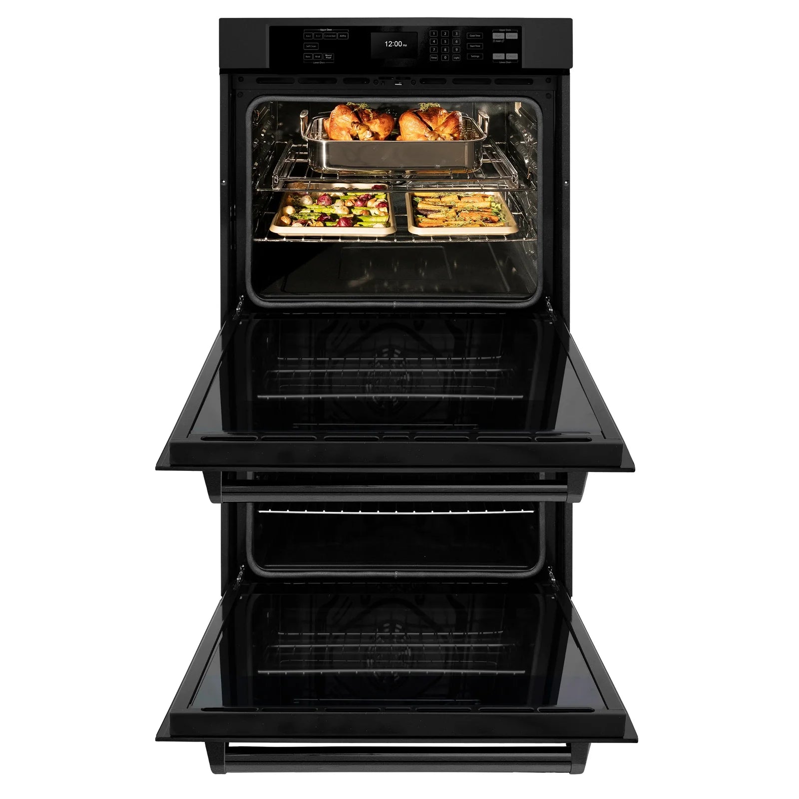 Black double wall oven with oven door open and trays of food baking inside