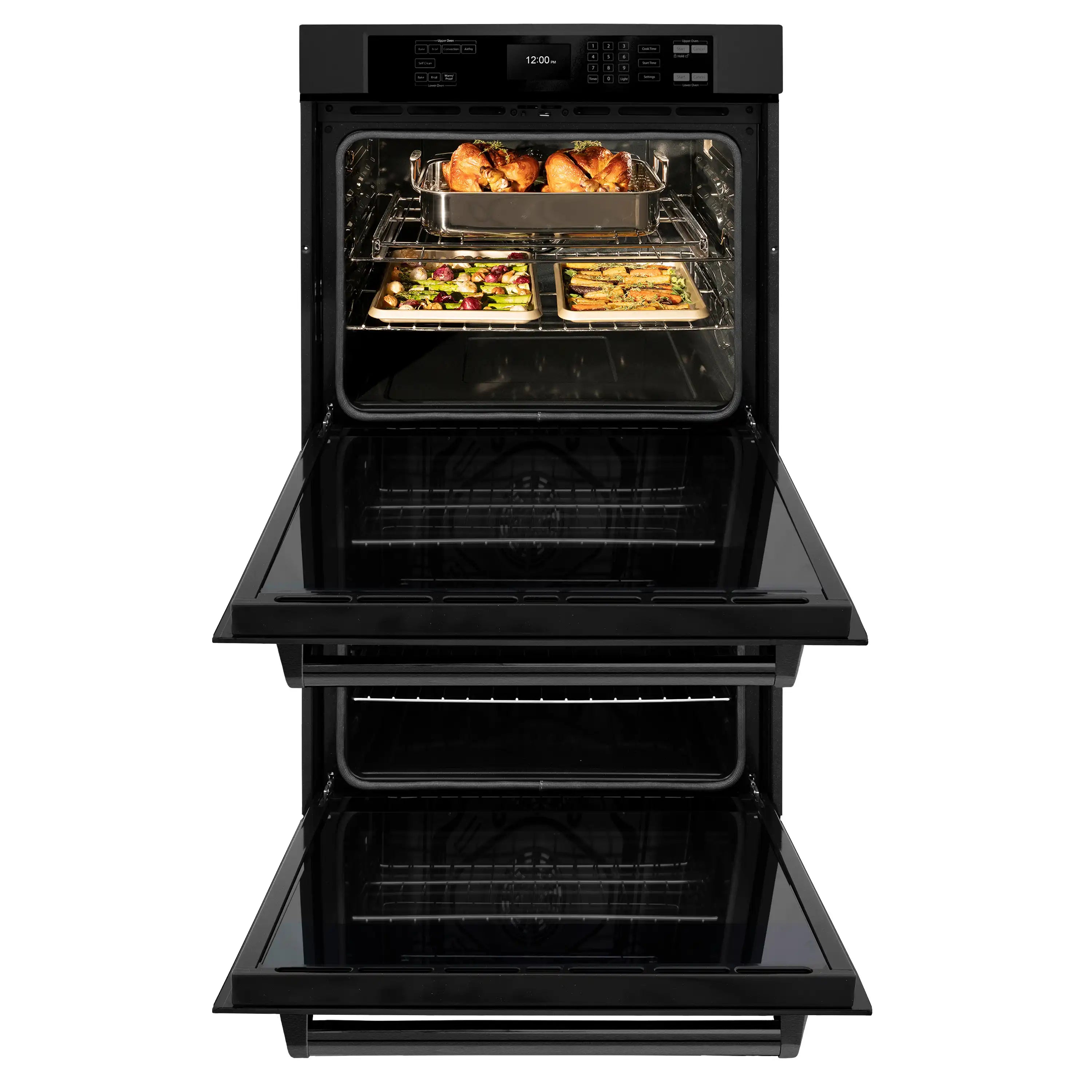 Double wall oven with both doors open, showing top and bottom racks