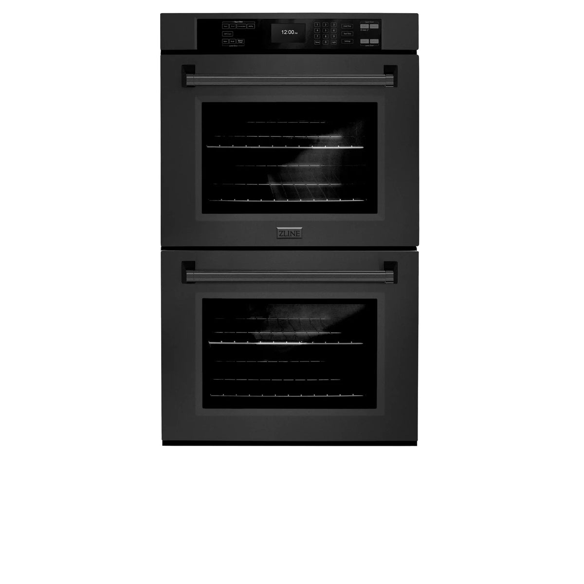 Black electric double wall oven with two closed doors and glass windows