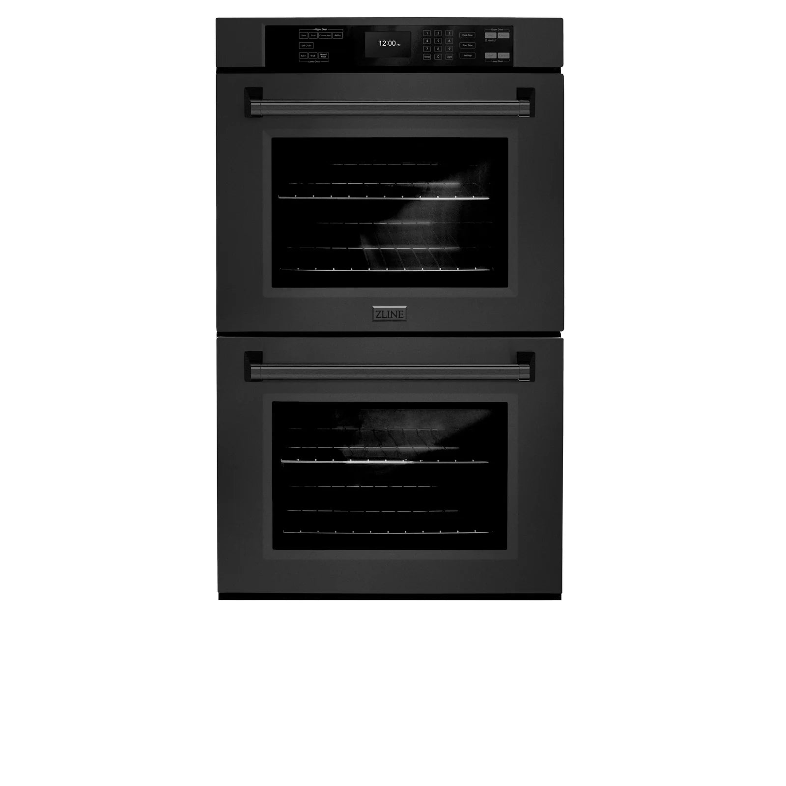 ZLINE black double wall oven with two glass doors and control panel