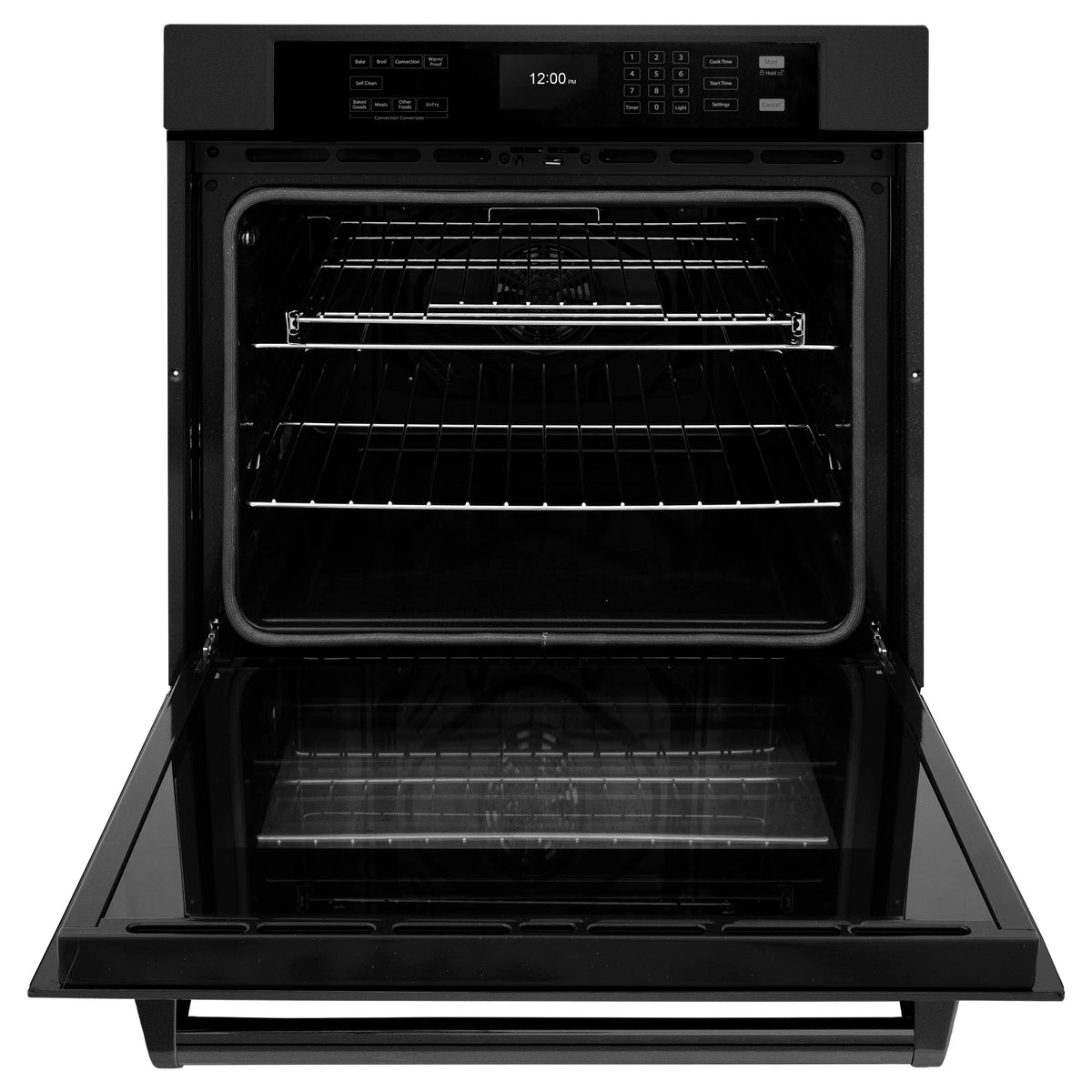 Black stainless wall oven with open door and wire baking rack, empty interior